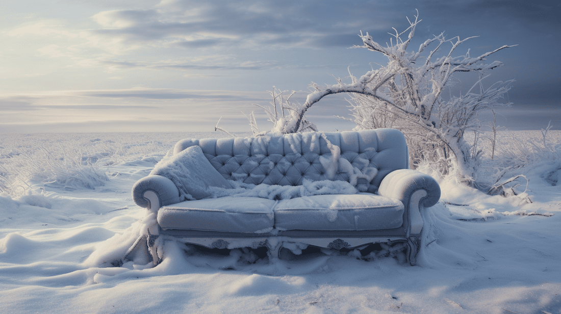 A couch freezing over in the middle of a field in the winter time