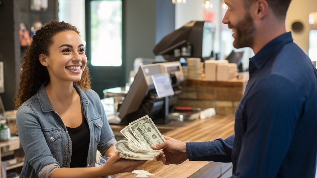 a customer getting a huge refund at a furniture store in cash