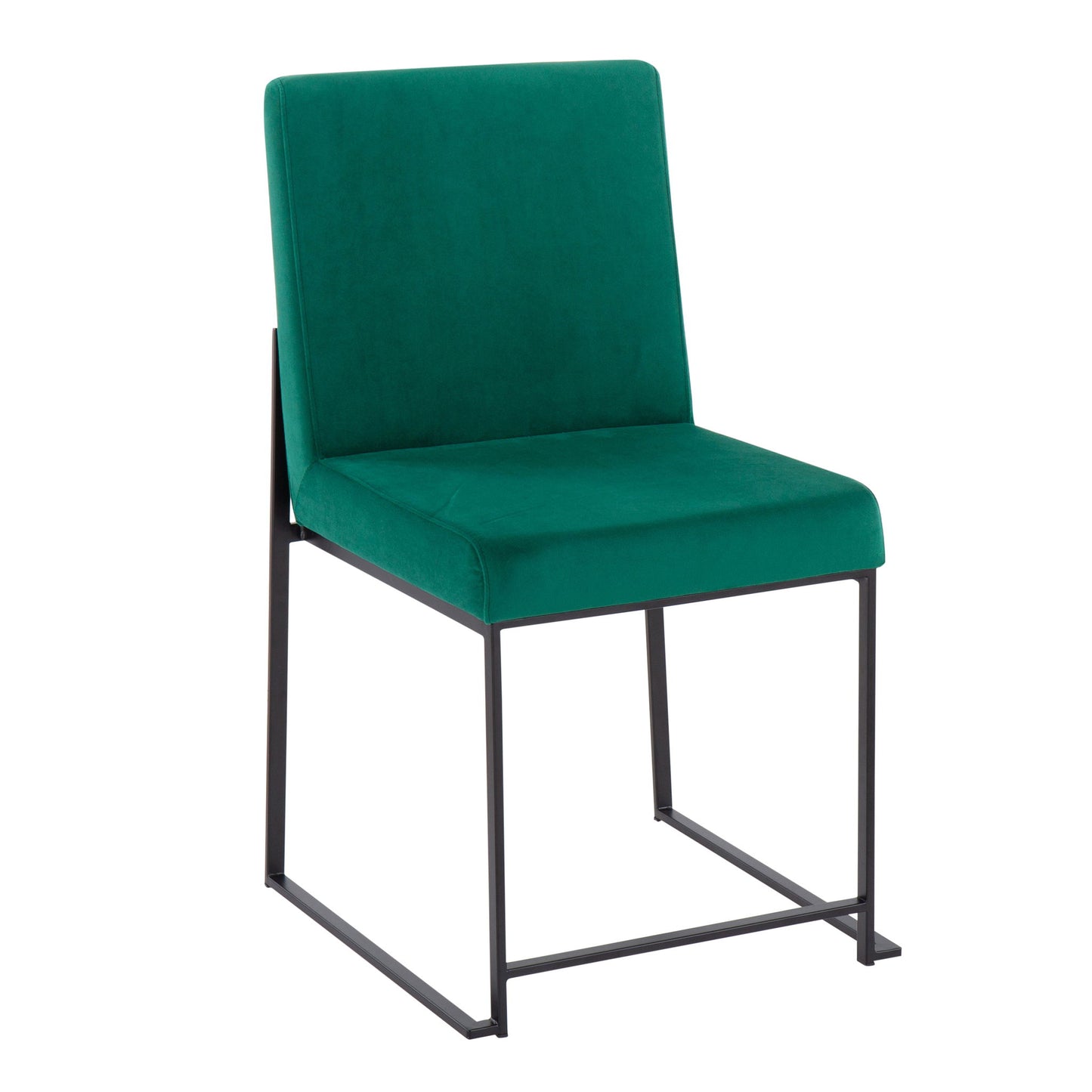 The Fuji dining chair set features contemporary elegance with a green upholstered high back, minimalist black metal frame, and open rectangular legs.