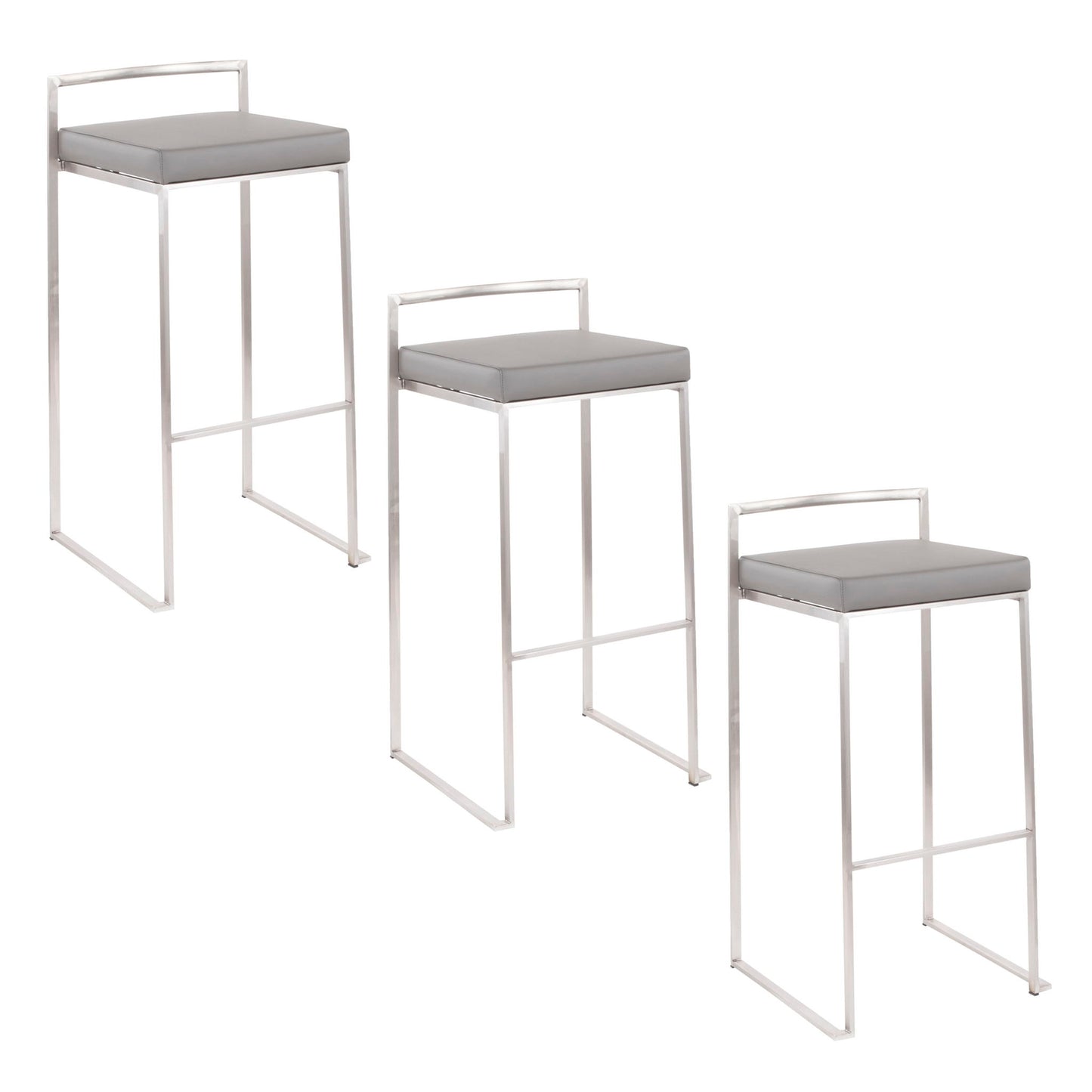 Three Fuji Contemporary and Elegant Design Stackable Barstools with silver metal frames and square gray cushioned seats are displayed in a staggered arrangement on a white background.