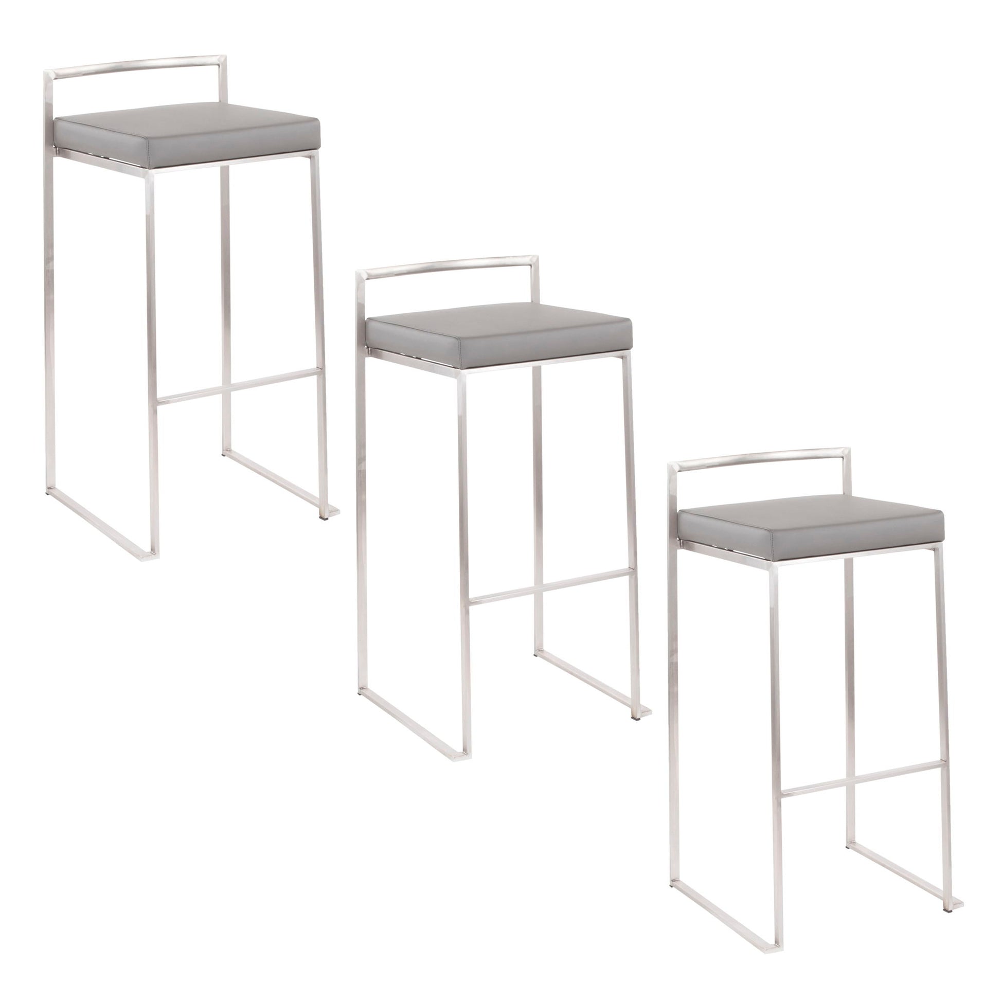Three Fuji Contemporary and Elegant Design Stackable Barstools with silver metal frames and square gray cushioned seats are displayed in a staggered arrangement on a white background.