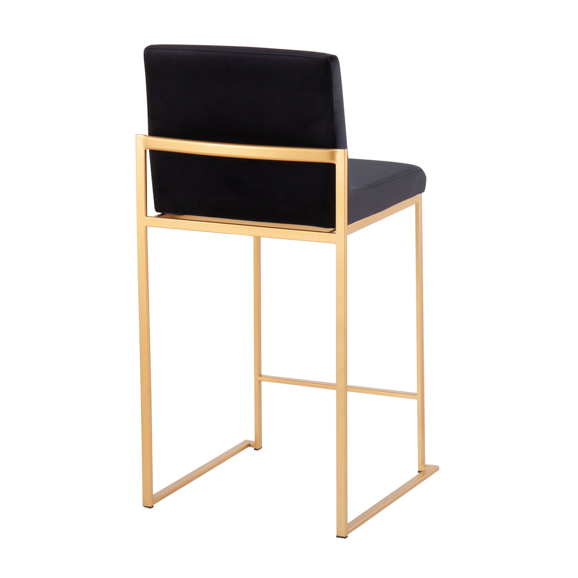 The Fuji Contemporary High Back Stylish Counter Stool features a gold metal frame with a black cushioned seat and backrest, shown from an angled rear view against a white background.