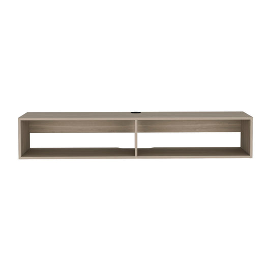 The Moore Floating TV Stand is a modern, wall-mounted, rectangular unit in a light wood finish, featuring two open shelves and a circular cable management hole at the back.