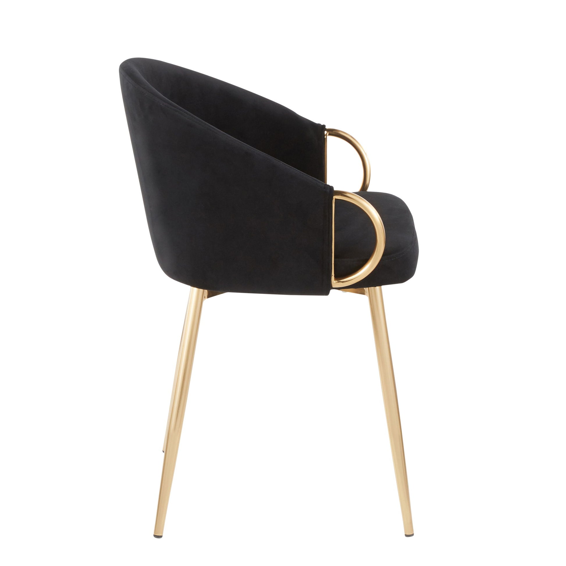 The Claire - Contemporary Glam Chair features a black upholstered seat, curved backrest, and gold loop-shaped metal armrests with matching legs, displayed in profile against a white background.