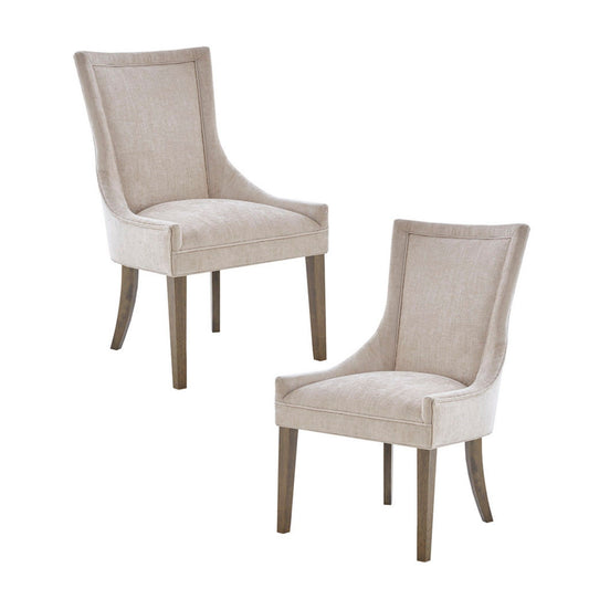 Set of 2 Ultra - Elegant Dining Side Chairs in beige upholstery with curved backs and wooden legs, shown on a white background.