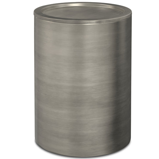 The Corbin - Handcrafted Metal Side Table features a brushed stainless steel cylindrical design with a flat, fitted lid, displayed against a plain white background.