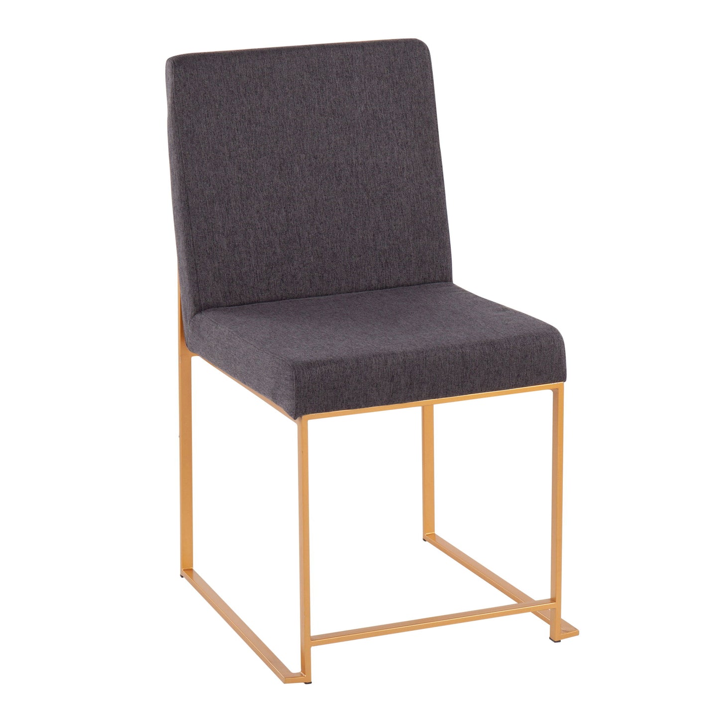 The Fuji High Back Dining Chair set features a contemporary design with dark gray upholstery and a minimalist gold metal frame with open, geometric legs.