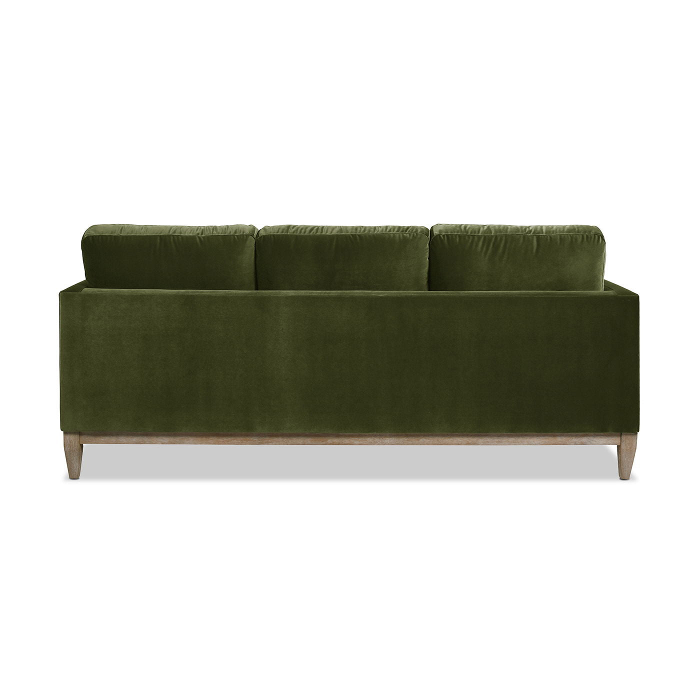 The Knox - Modern Farmhouse Sofa in green velvet features three back cushions and wooden legs, displayed from the back against a white background.