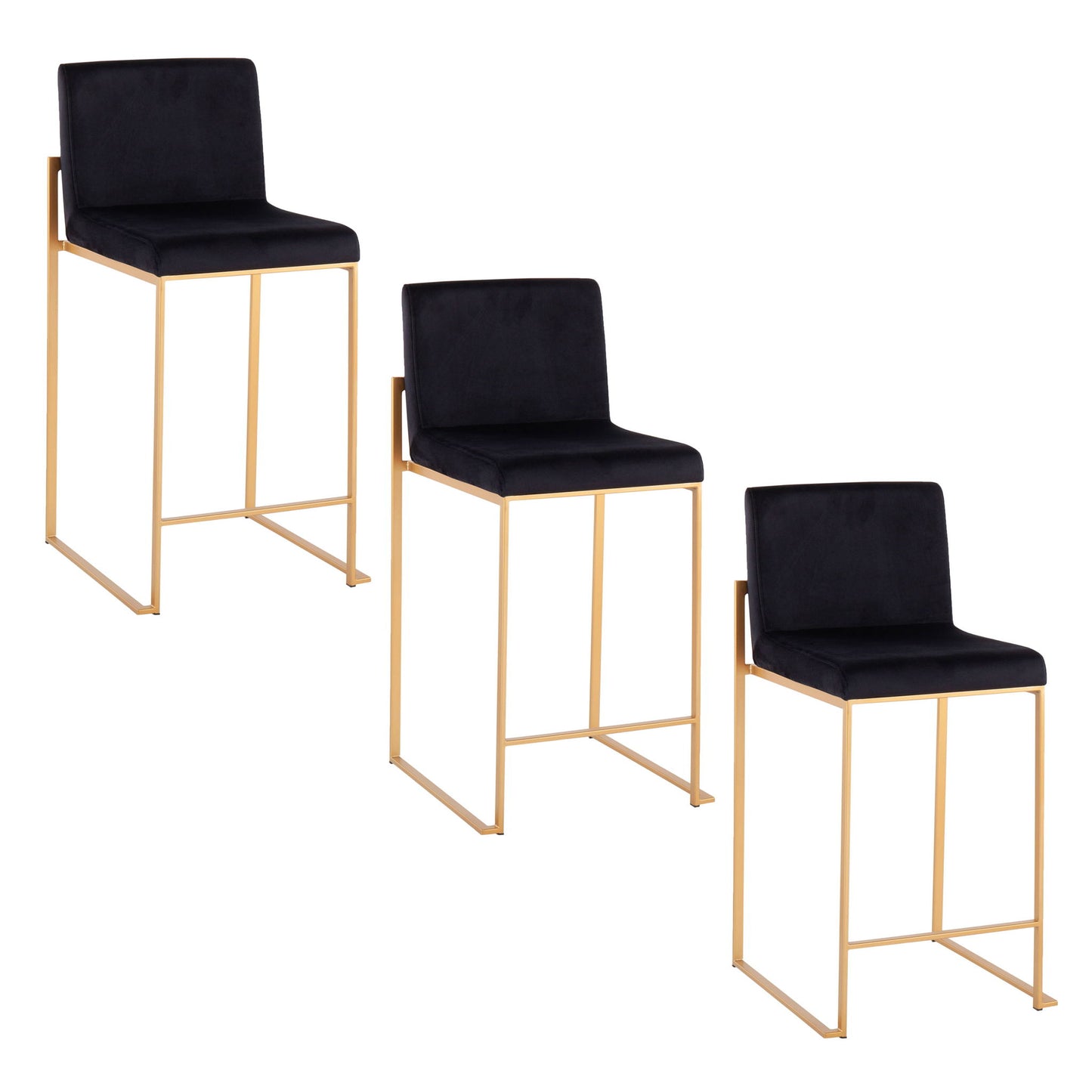 Three Fuji Contemporary High Back Stylish Counter Stools with black cushioned seats and gold metal frames are arranged in a staggered descending order from left to right on a white background.
