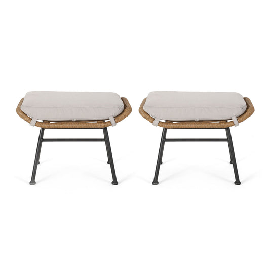 Two Outdoor Modern Boho Wicker Ottomans With Cushions (Set of 2), featuring light beige cushions, wicker-style seats, and black metal legs, are placed side by side against a white background.