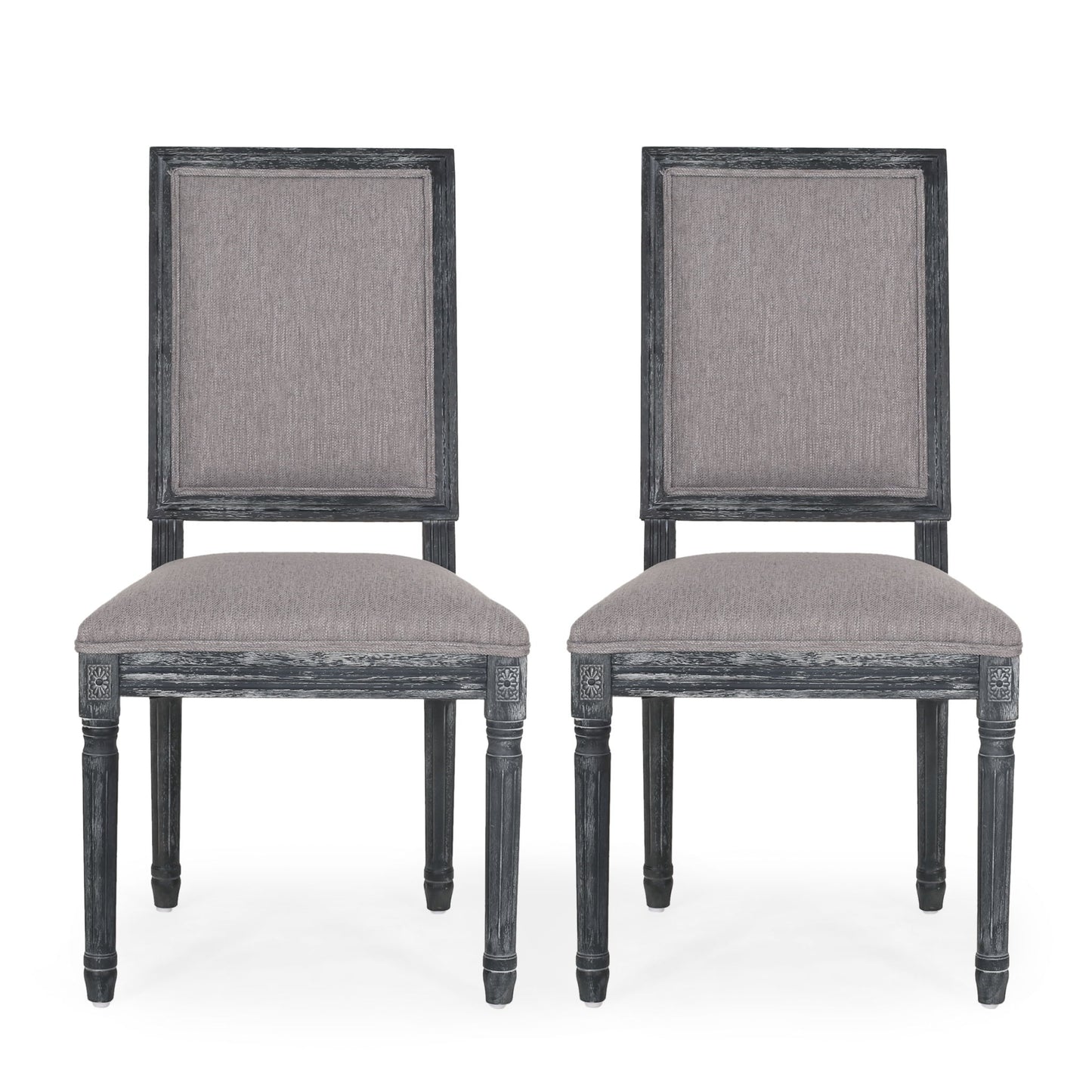 Two French Country Style Dining Chairs with fluted legs and upholstered light gray seats and backs, featuring dark gray frames, are positioned side by side facing forward against a white background.