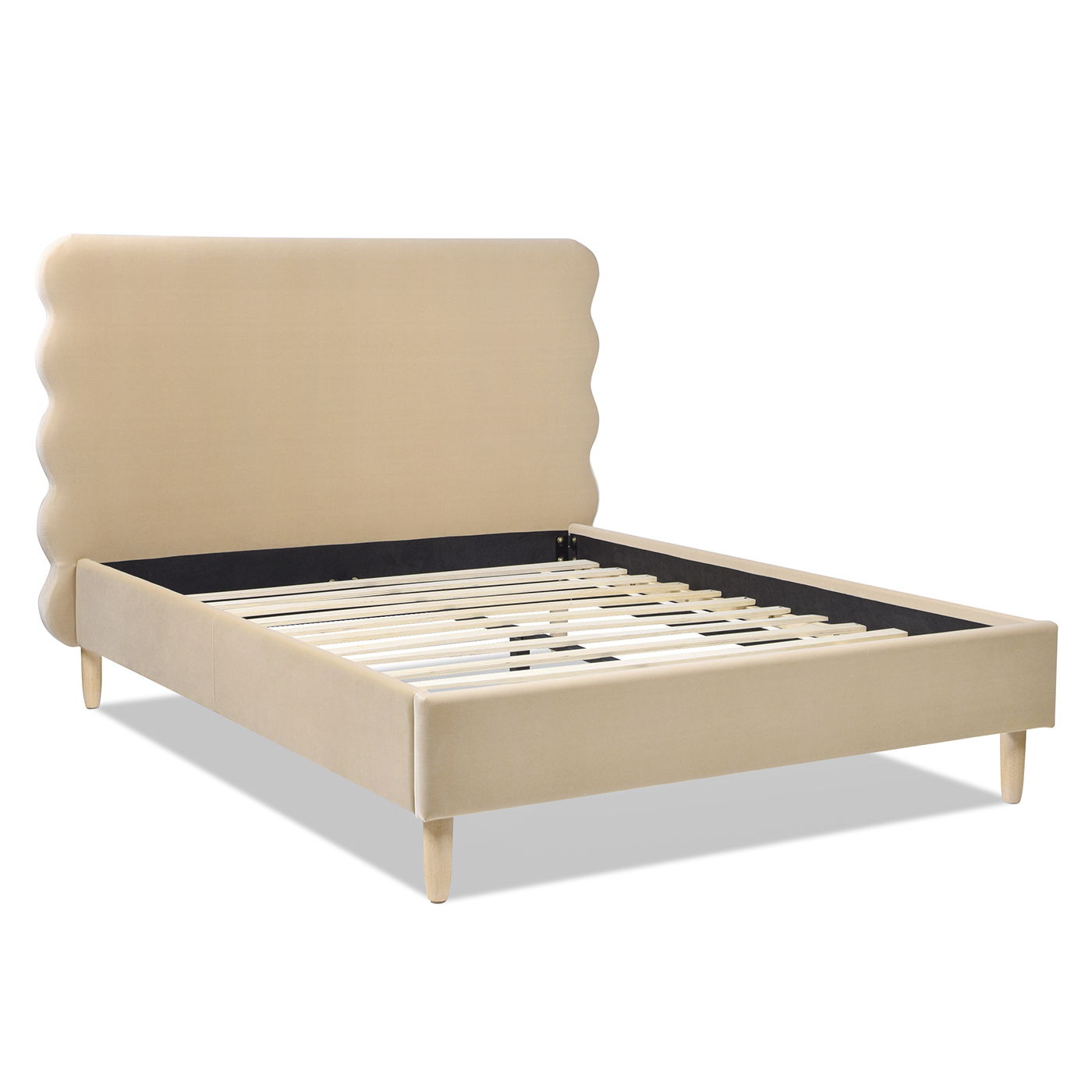 The Stockholm - Modern Wavy Headboard Platform Bed features a beige upholstered frame with a scalloped headboard, wooden slats, and four tapered legs. Shown without a mattress on a white background.