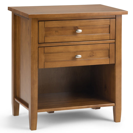 The Warm Shaker Bedside Table in Light Golden Brown features two drawers with silver handles, a lower open shelf, a smooth finish, and a simple classic design.
