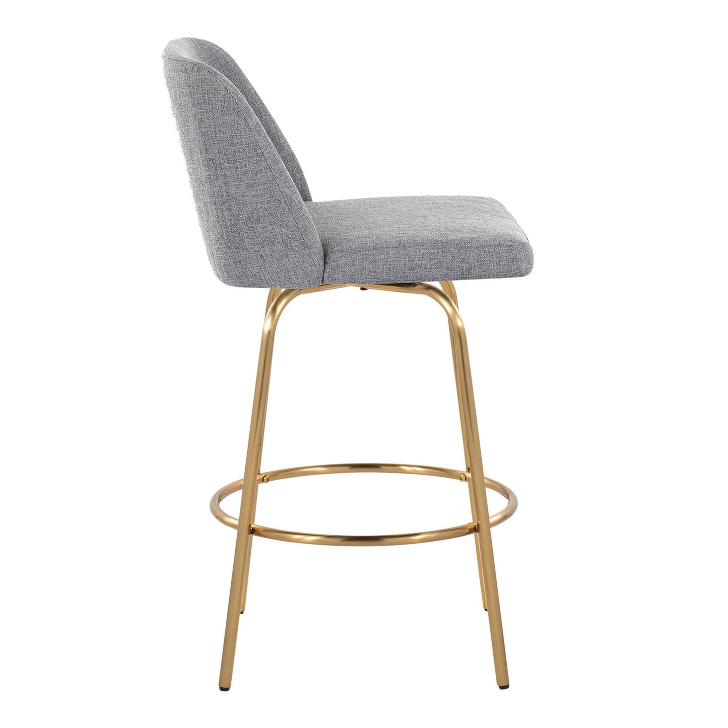 The Toriano set of 2 features contemporary counter stools with grey upholstered seat and backrest, gold metal legs, a round footrest, fixed height, and swivel function, shown side view on a white background.