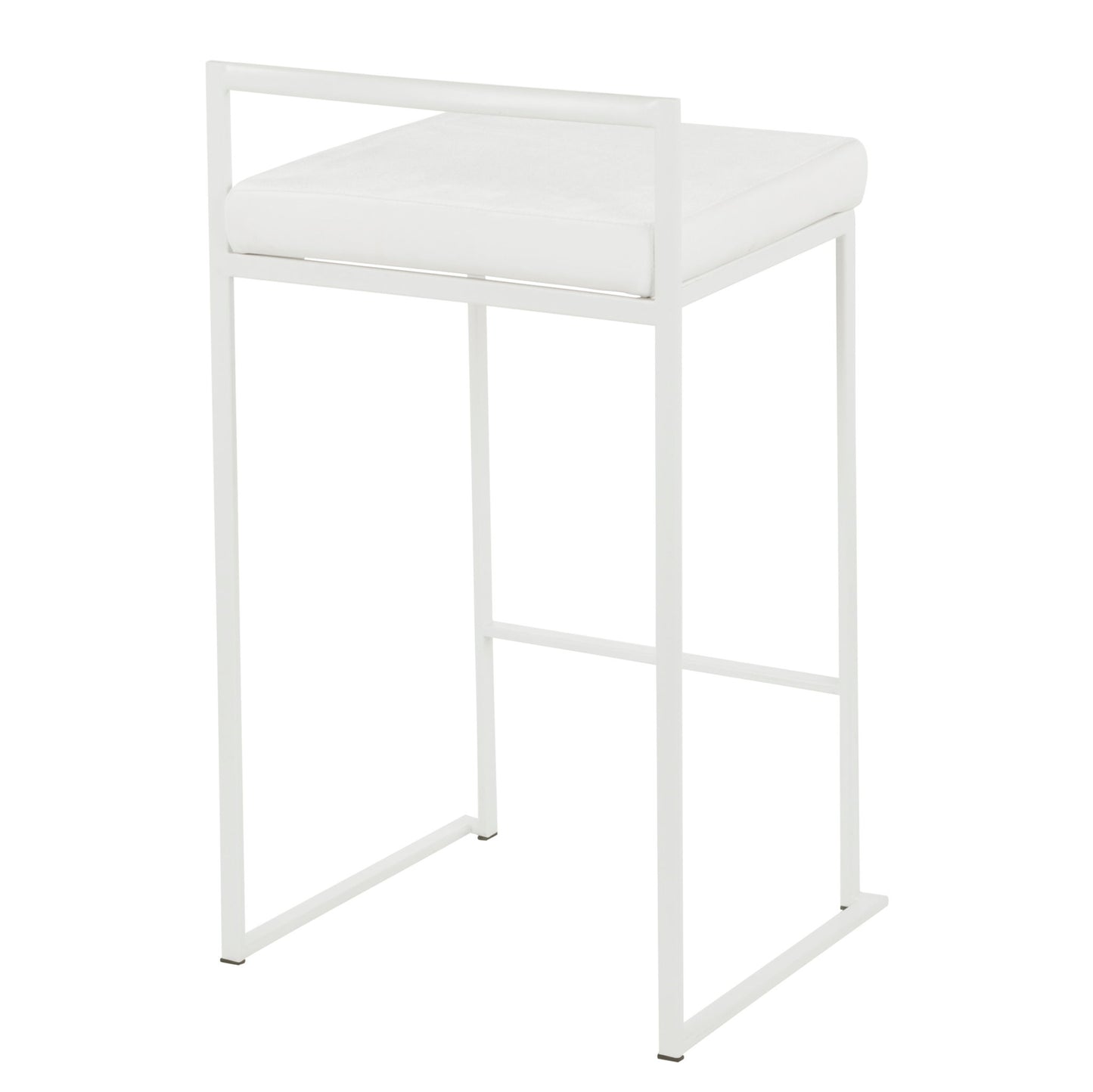The Fuji - Simple Elegance is a contemporary, stackable counter stool featuring a minimalist white design with a thin metal frame, square cushioned seat, low backrest, and open sides for a modern touch.