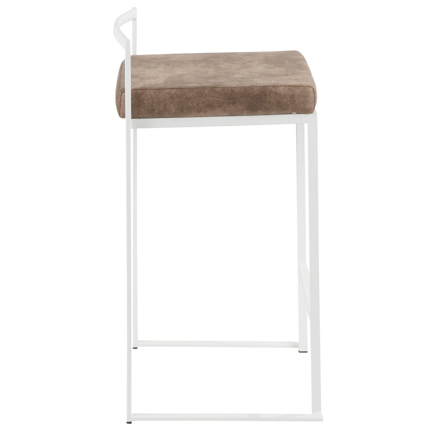 Side view of the Fuji - Simple Elegance Contemporary Stackable Counter Stool, featuring a white metal frame, square cushioned brown seat, and minimalist design with a low partial backrest.