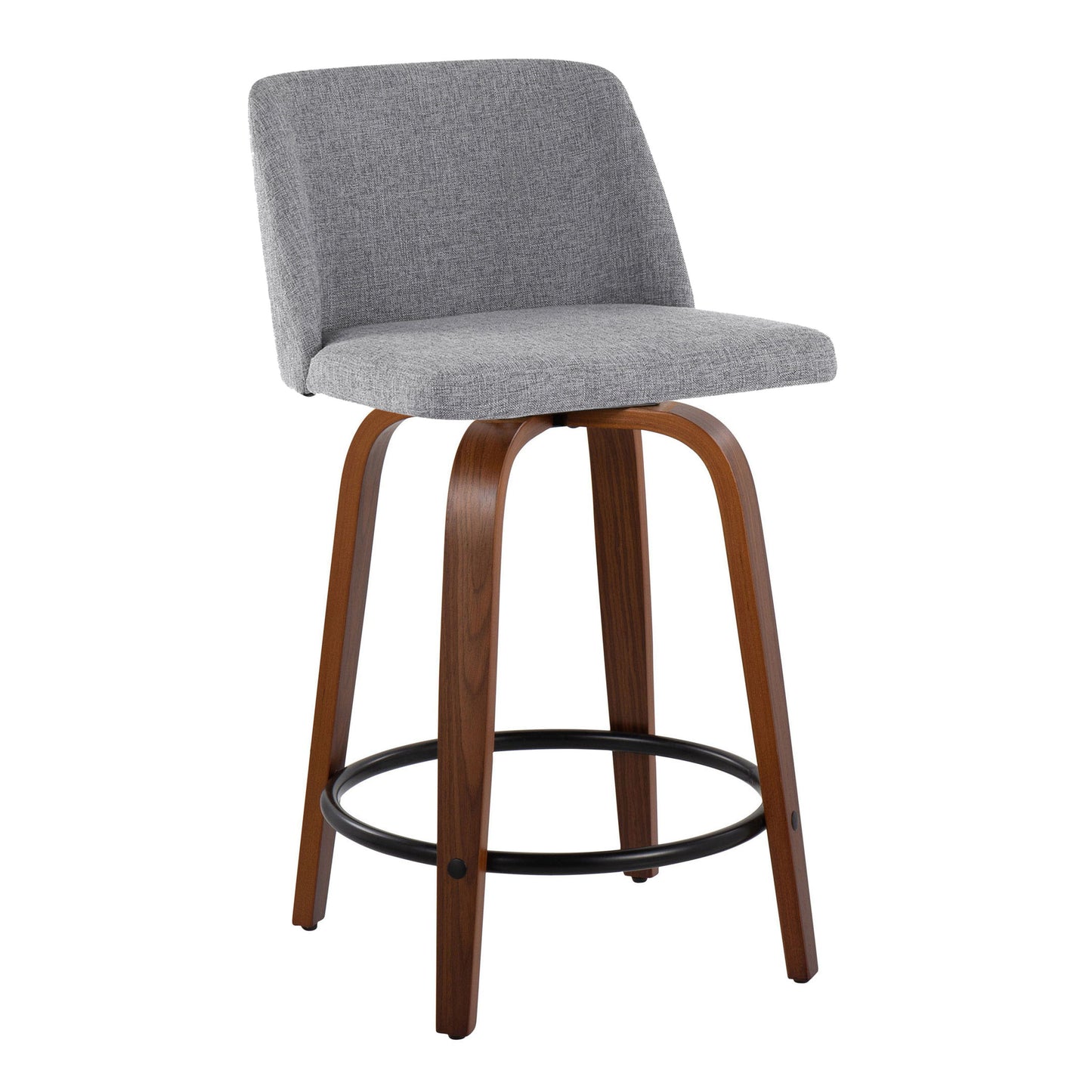 The Toriano Mid Century Modern Counter Stool features a light gray upholstered seat and backrest with curved wooden legs and a black round footrest, offering a sleek, minimalist design ideal for contemporary interiors.