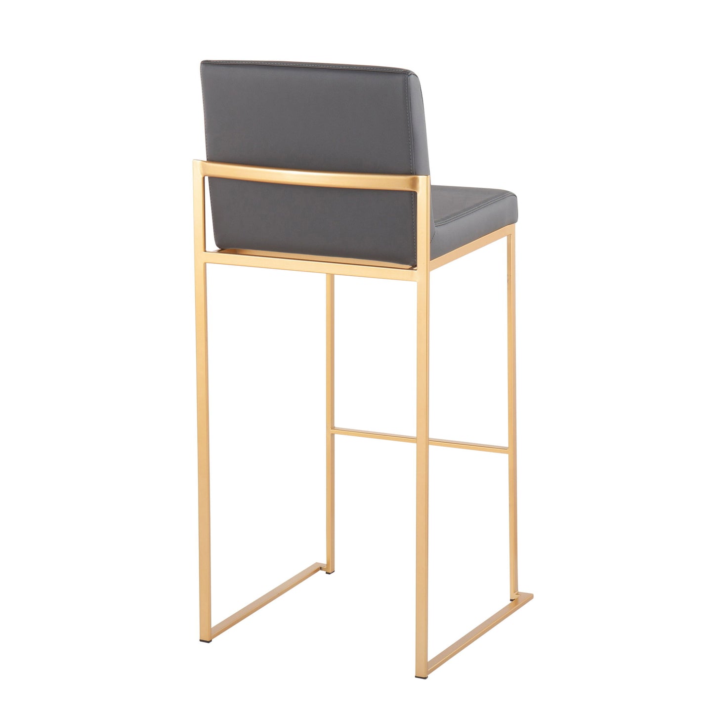The Fuji Contemporary Design High Back Barstool (Set of 2) features a gold metal frame and cushioned dark gray backrest and seat, shown from the rear.