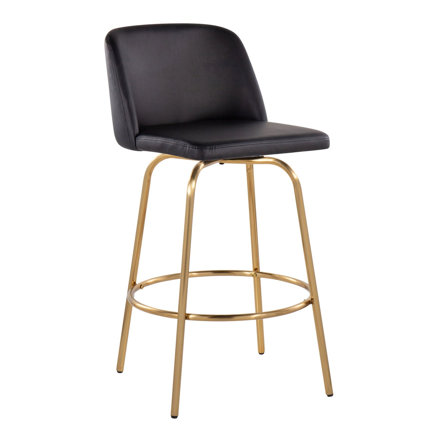 The Toriano set includes two contemporary, fixed-height counter stools with swivel, featuring black cushioned seats and backrests, slender gold metal legs, and a round footrest.