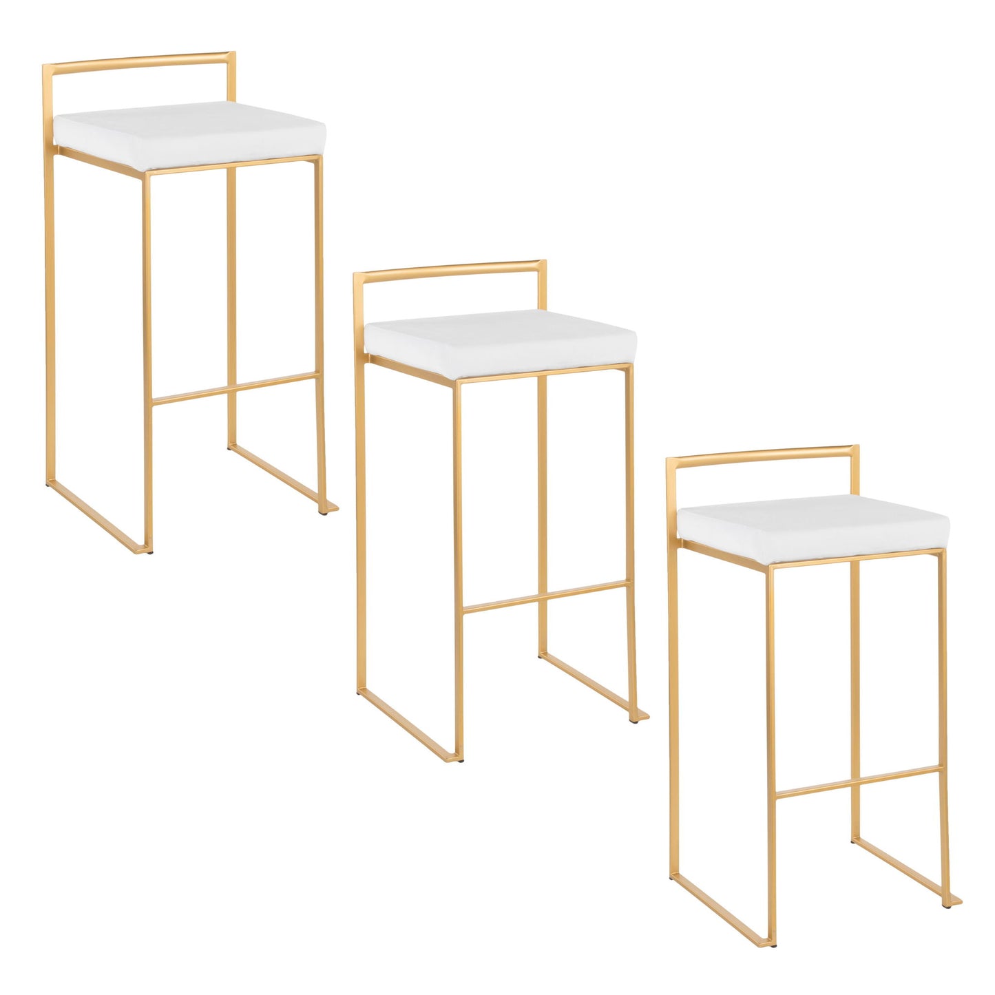 The Fuji Contemporary/Glam barstools feature gold metal frames and white cushioned seats, shown in a staggered arrangement against a white background.