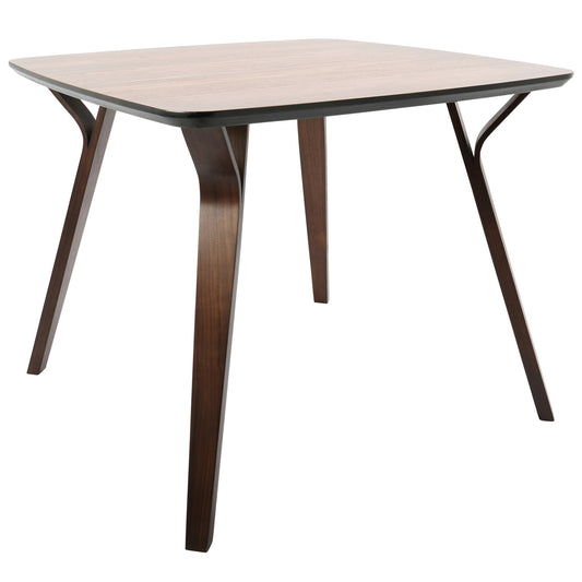 The Folia - Mid Century Modern Dinette Table features a light brown square wooden top and four angled dark wood legs, showcasing sleek, minimalist design inspired by mid-century style.