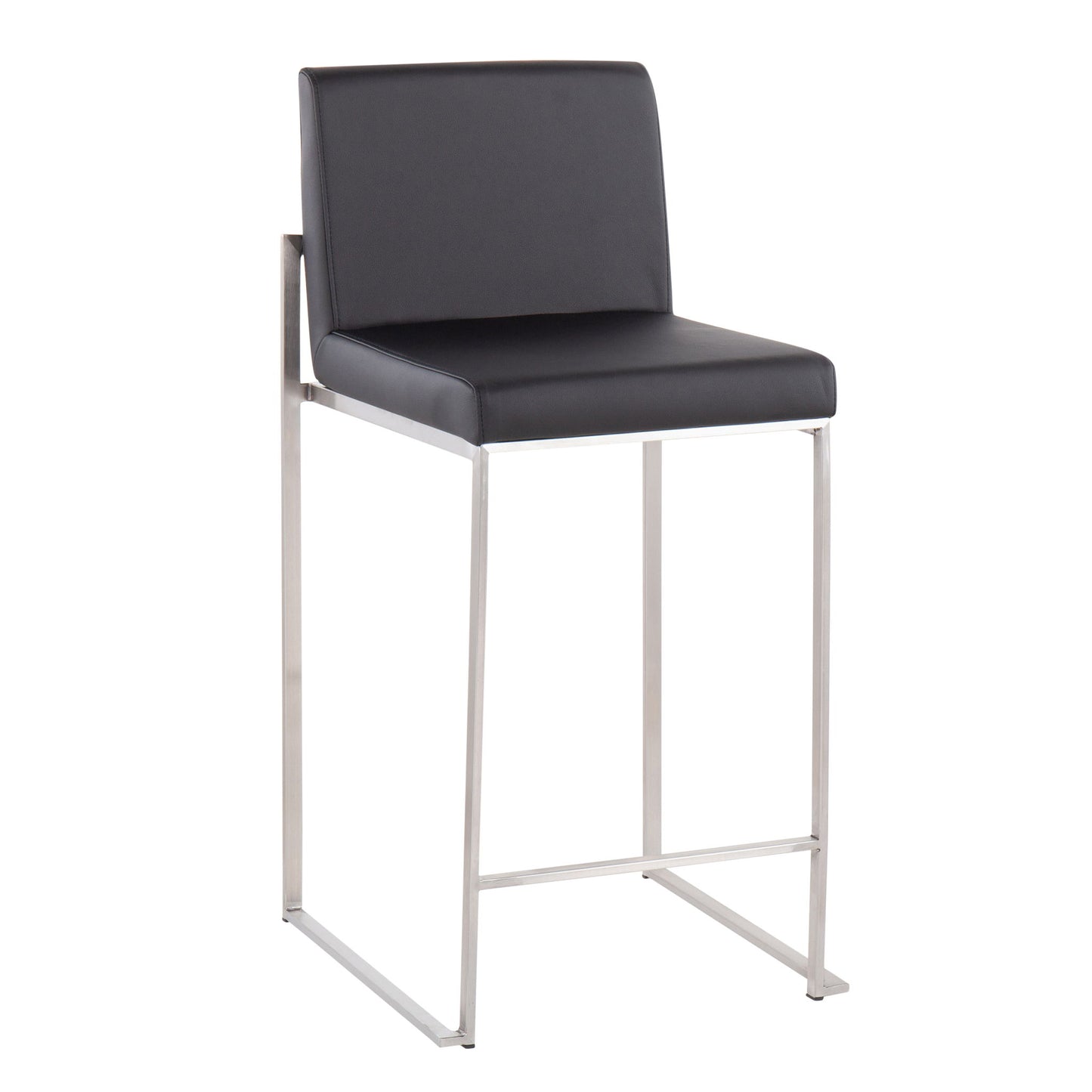 The Fuji Contemporary High Back Counter Stool features a sleek black cushioned seat and backrest on a minimalist silver metal frame with footrest, combining modern style with functional design.