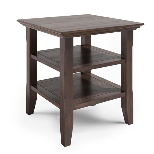 The Acadian End Table in Warm Walnut Brown features a square top, two lower shelves, straight legs, and a smooth finish.
