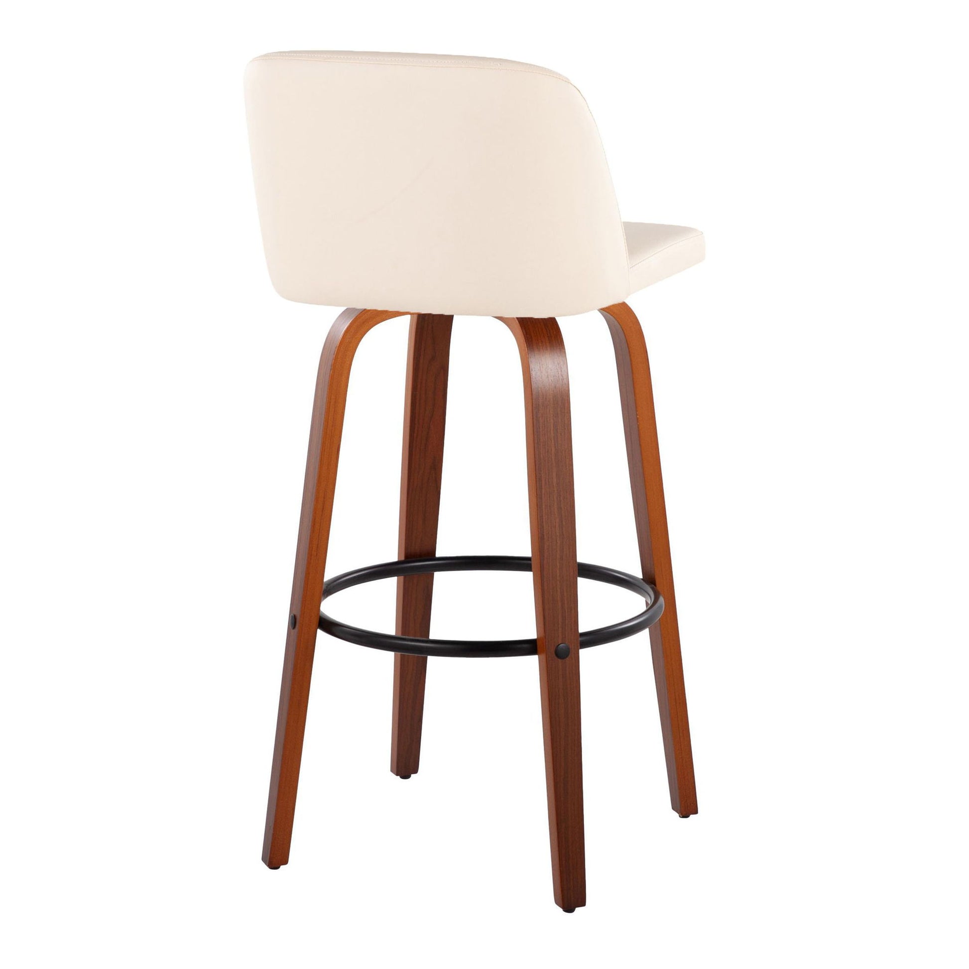 The Toriano Mid Century Modern Fixed Height Barstool features a cream upholstered backrest and seat, curved wooden legs, a black metal round footrest, and is shown from the rear. Set of 2.