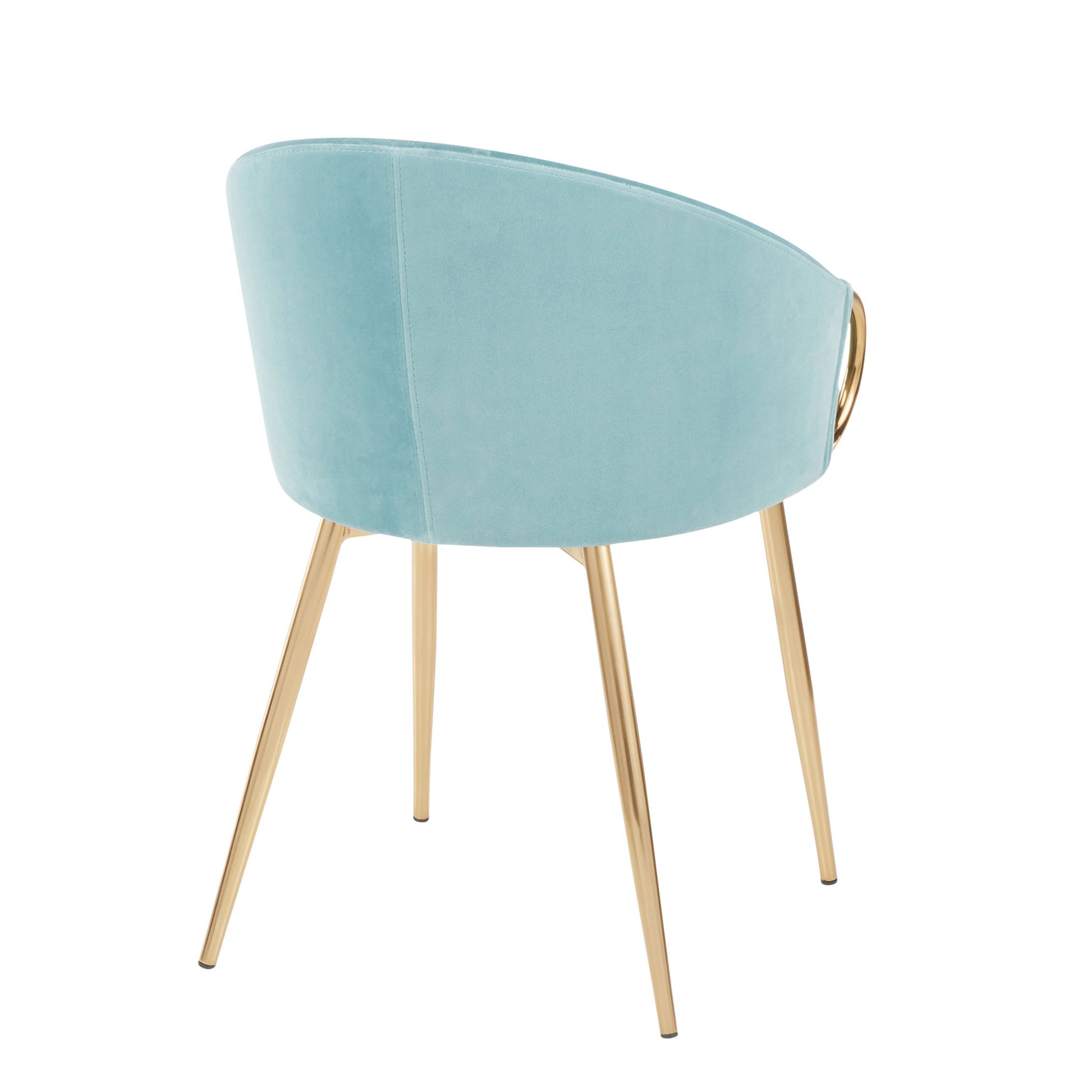 The Claire - Contemporary Glam Chair features a light blue velvet seat, curved backrest with a gold ring accent, and four slender, angled gold metal legs for a modern look.