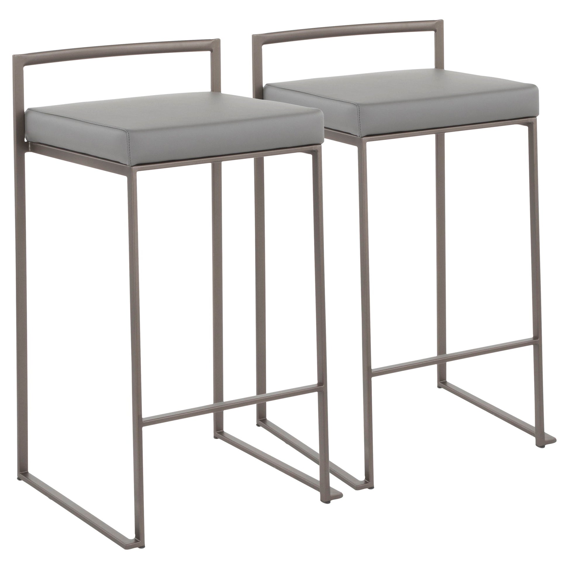 Two Fuji Industrial Stackable Counter Stools with square gray cushioned seats, slim metal frames, low rectangular backrests, and footrests are placed side by side.