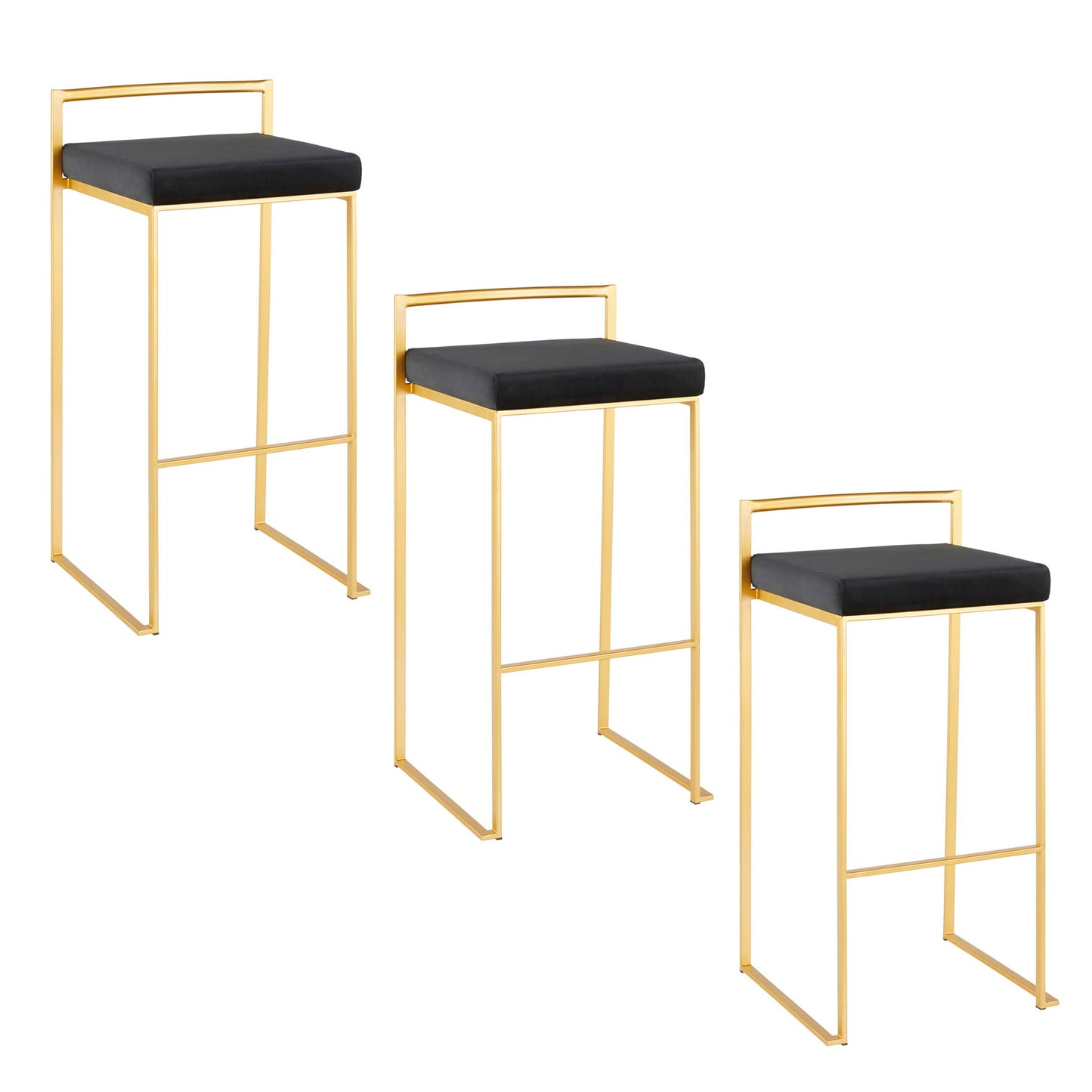 Three Fuji barstools, featuring gold metal frames and black cushioned seats, are stylishly arranged in a staggered formation on a white background.