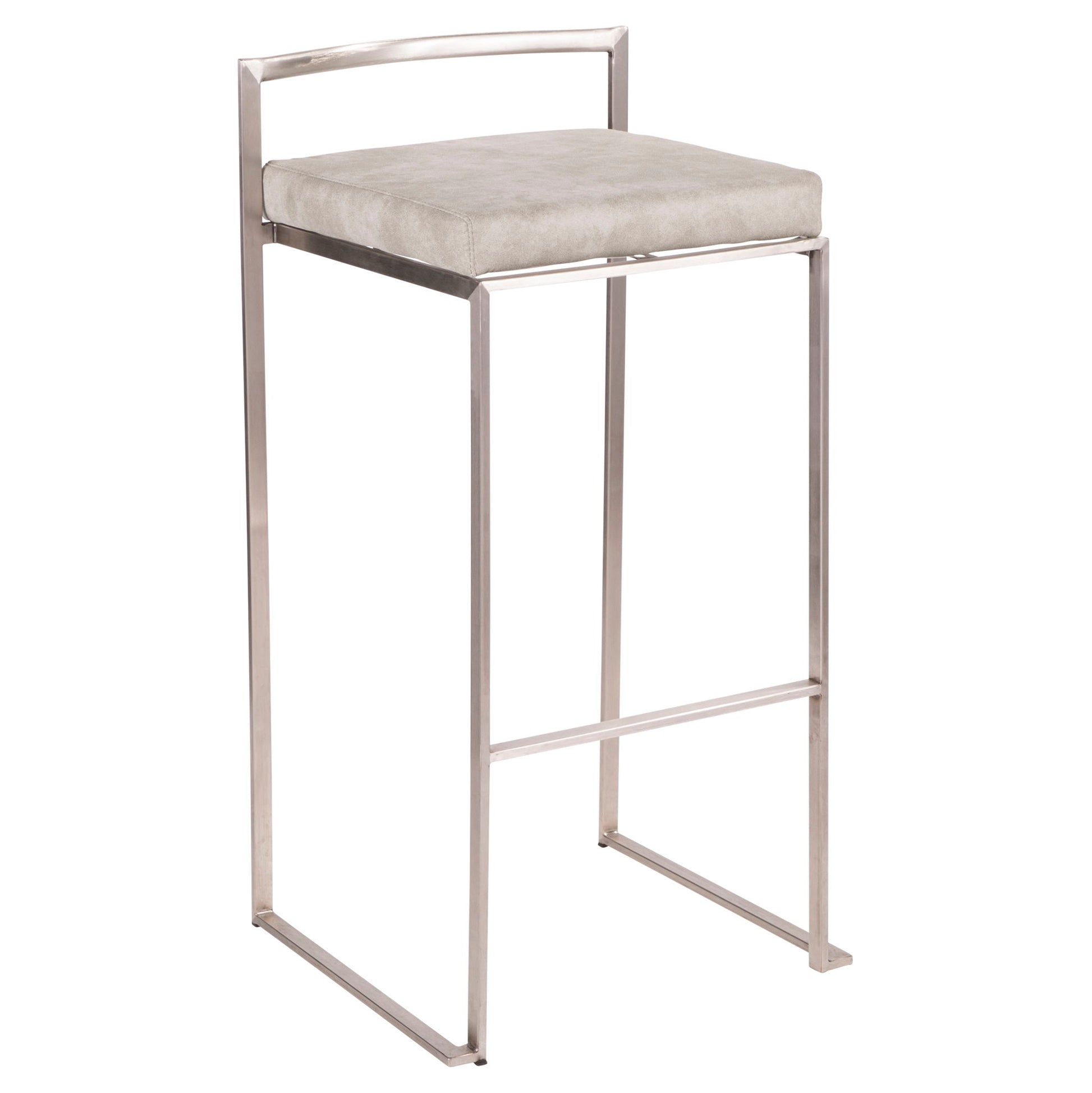 The Fuji Barstool features a contemporary, elegant design with a sleek metal frame, light beige cushioned seat, clean straight lines, open backrest, and is stackable for convenience.