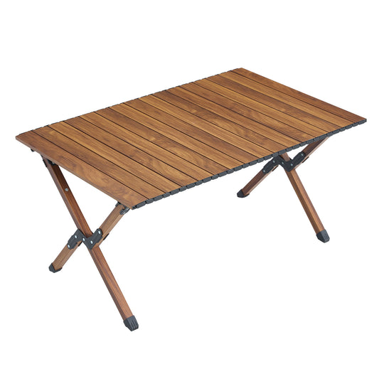 A brown Folding Outdoor Table with a lightweight aluminum roll-up rectangular top, perfect for camping, picnics, backyard BBQs, parties, patio, and beach use, isolated on a white background.