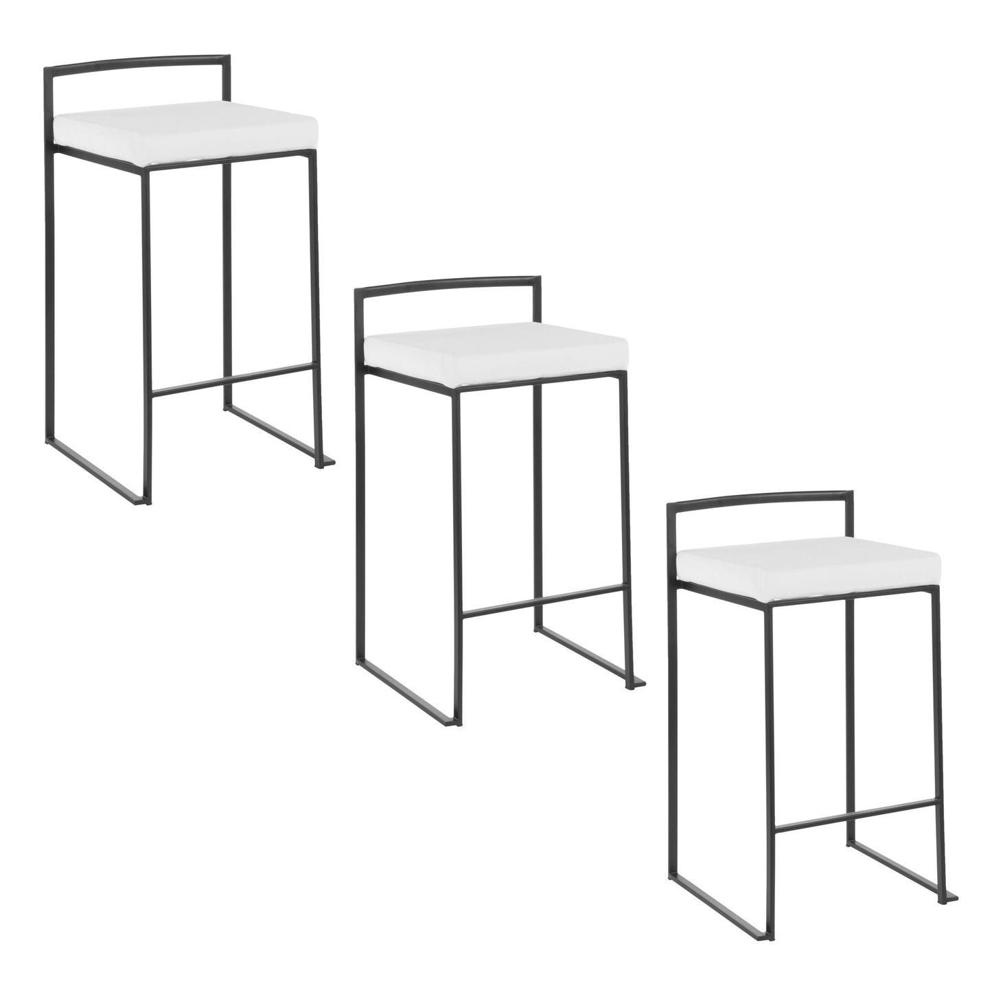 Three Fuji Contemporary Style Stackable Counter Stools with black metal frames and white cushioned seats, each angled slightly, set against a white background.