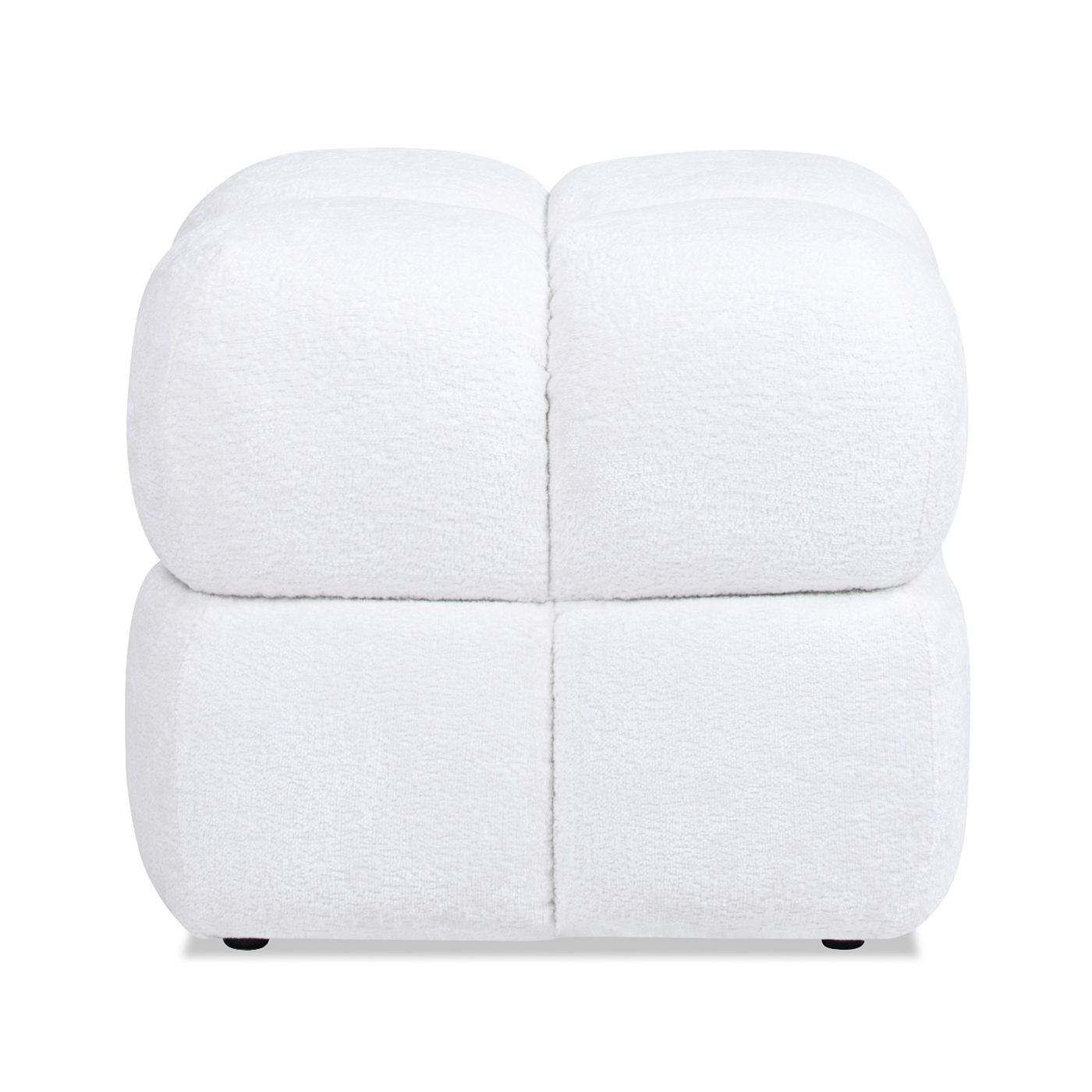The Pixel Oversized Square Tufted Pouf Ottoman in Almond White features soft, textured upholstery with four cushioned segments on top and bottom, and short black feet for a modern look.