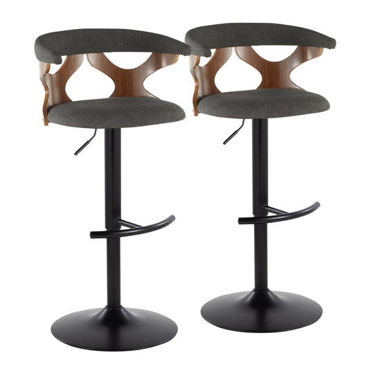Set of 2 Gardenia contemporary adjustable barstools with swivel, black round bases, rounded T footrests, curved wooden backrests with cut-out designs, and dark gray upholstered seats and backs.