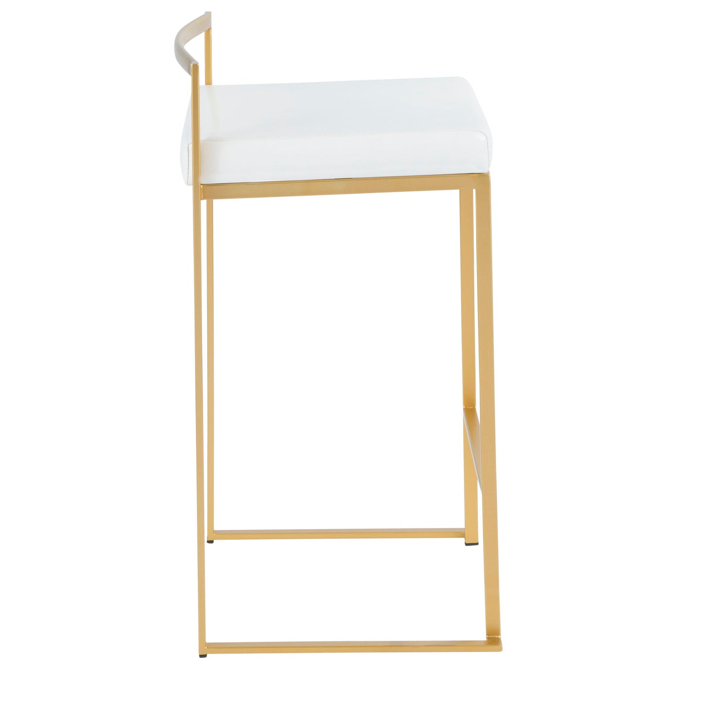 The Fuji Contemporary/Glam Counter Stool (Set of 2) features a white cushioned seat, slim rectangular gold metal frame, and minimalist backrest, shown from the front.