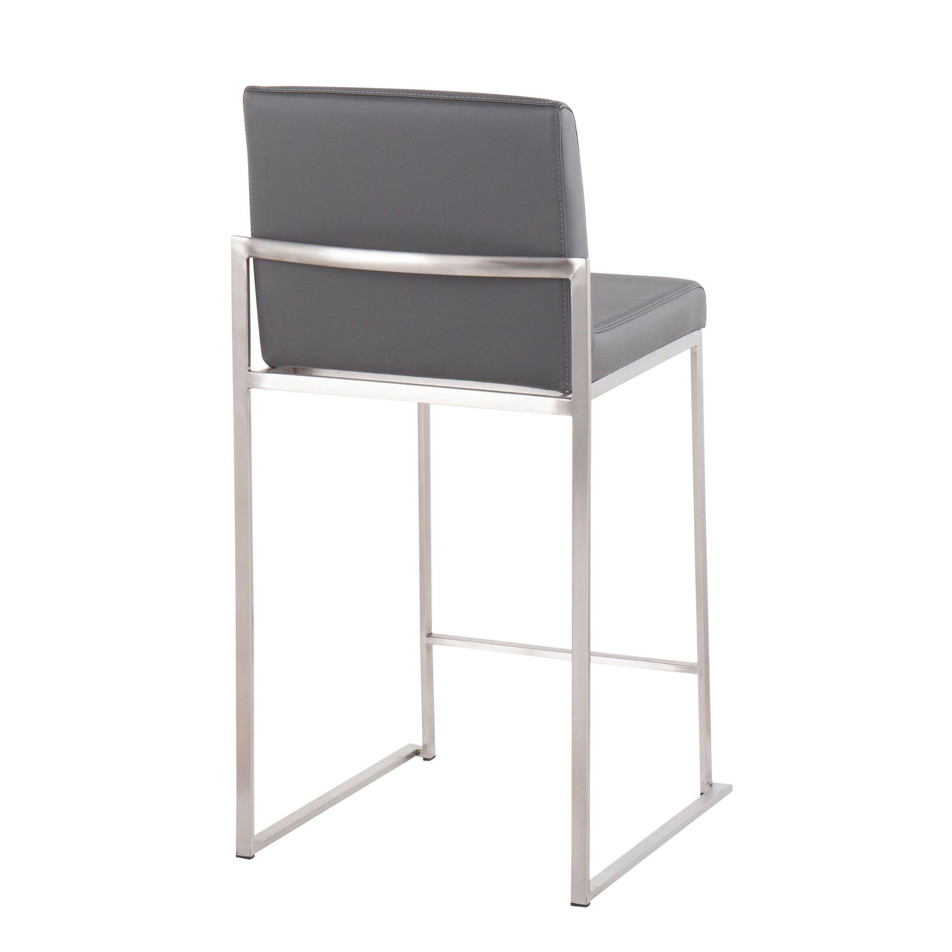 The Fuji - Contemporary High Back Counter Stool features a gray cushioned seat and backrest, functional design, and a sleek rectangular metal frame with straight legs for a modern minimalist look.