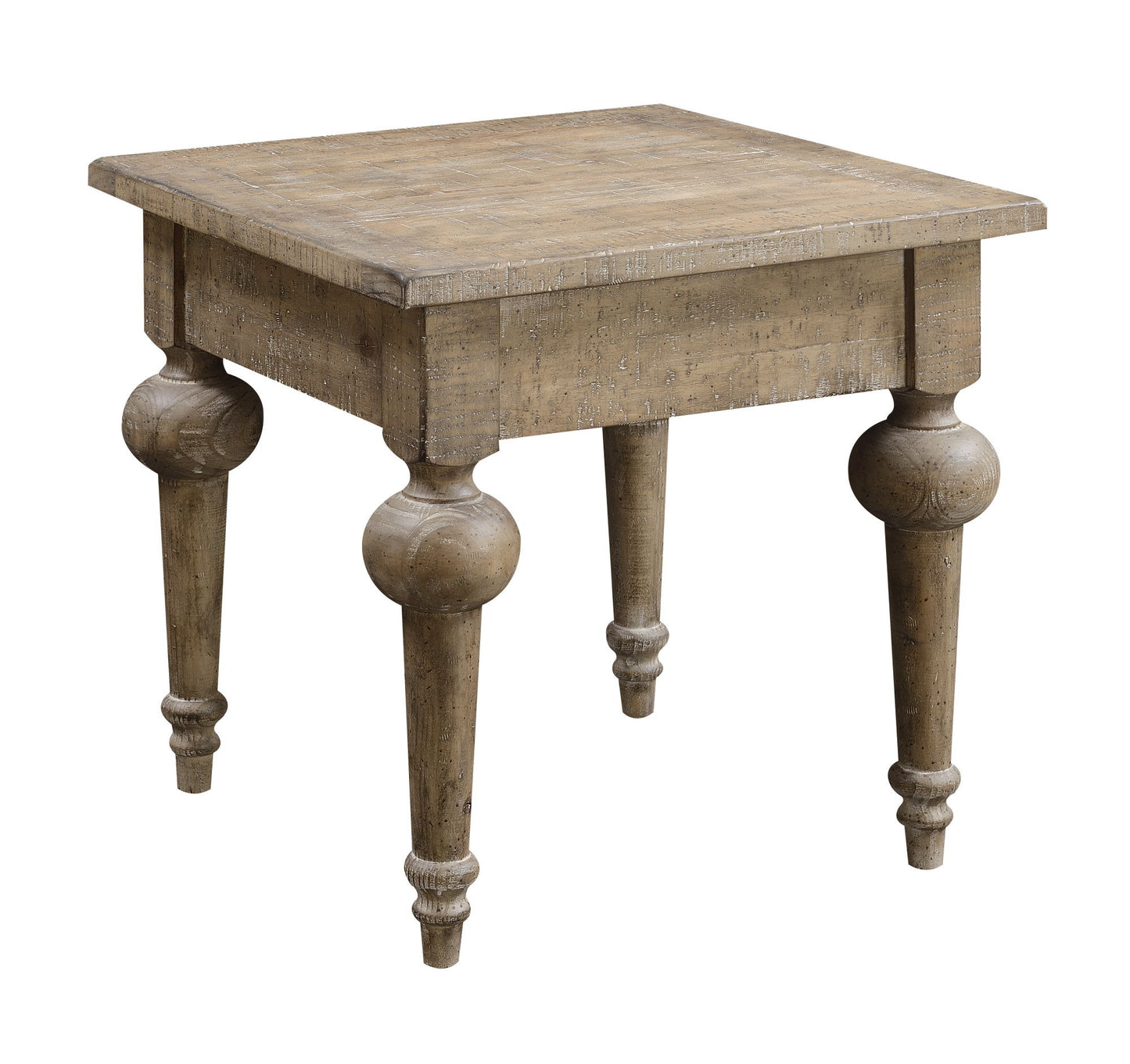 The Ludin - Table is a square wooden side table with a rustic finish, featuring four turned legs with unique round accents near the top of each leg.