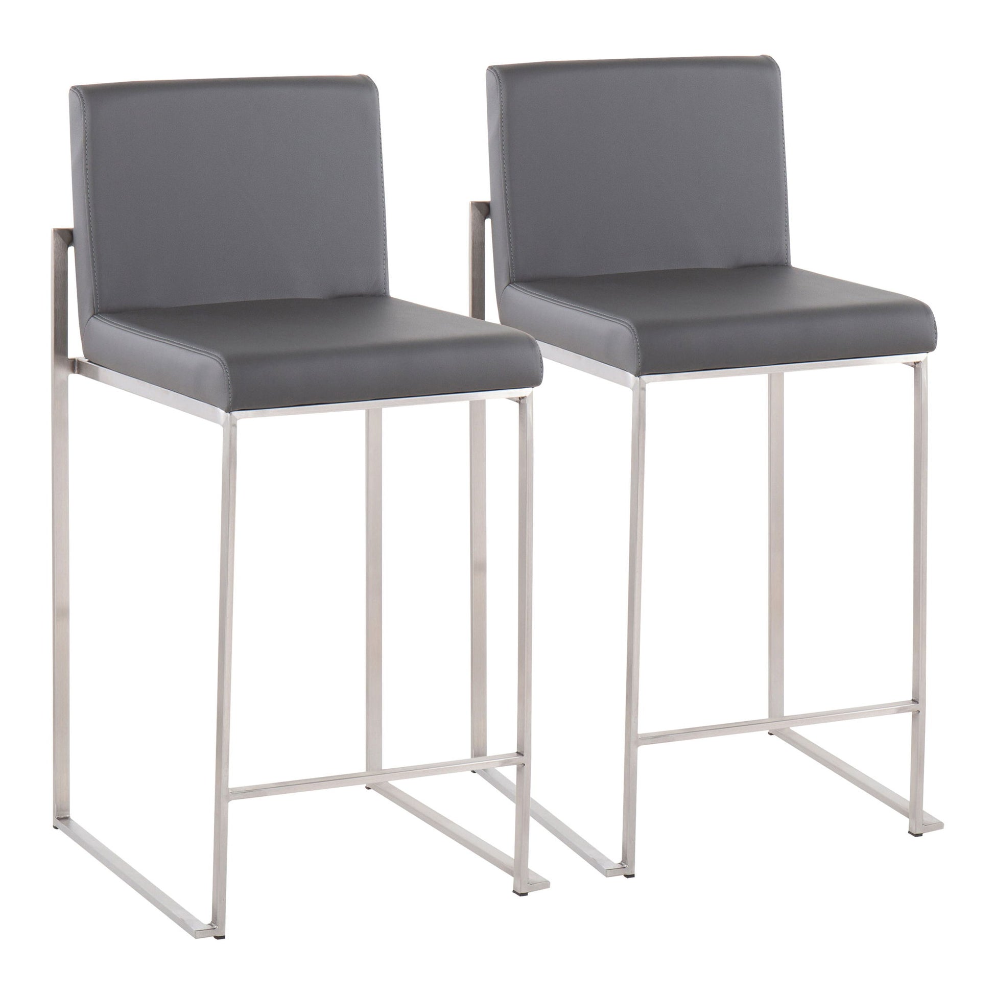 Set of two Fuji Contemporary High Back Counter Stools featuring gray cushioned seats and backs, sleek metal frames with straight legs, and footrests. Displayed side by side on a white background.