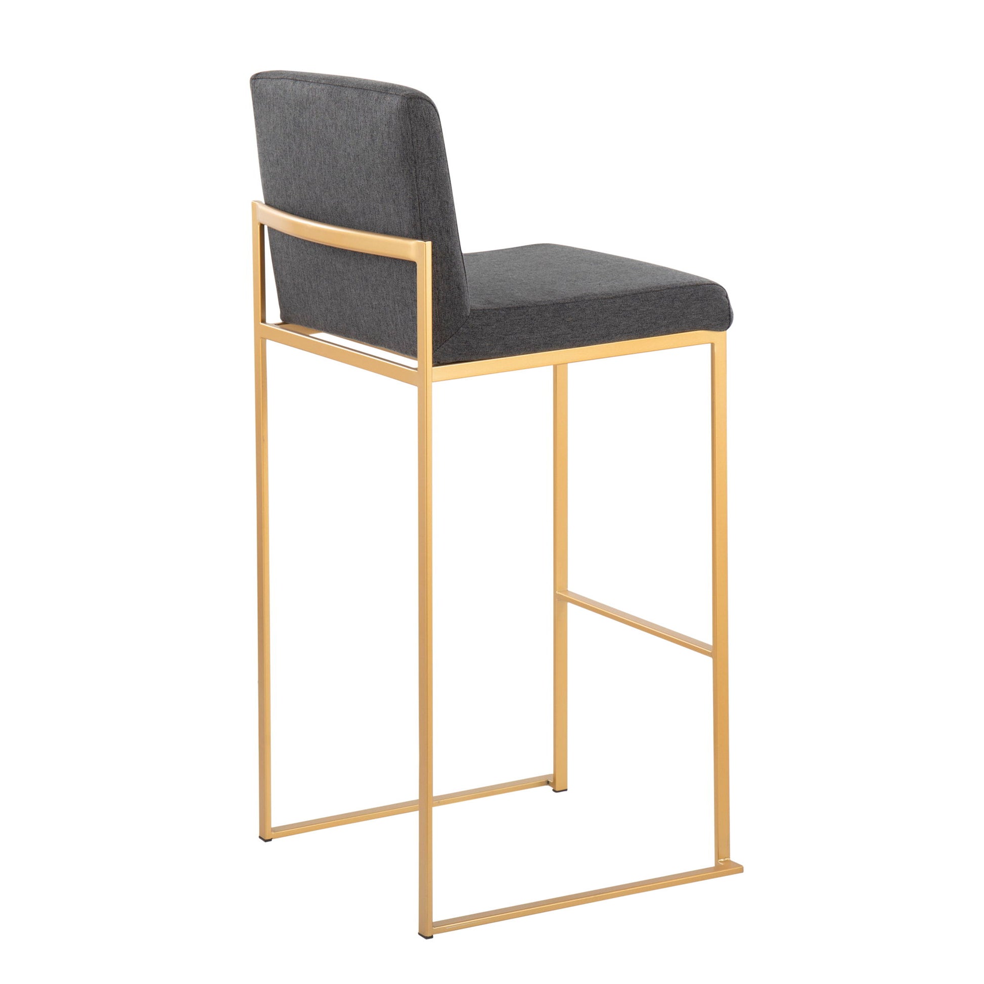 The Fuji - Contemporary Design High Back Barstool (Set of 2) features a gold metal frame with a square base and charcoal gray upholstered seat and back, shown angled from the rear.