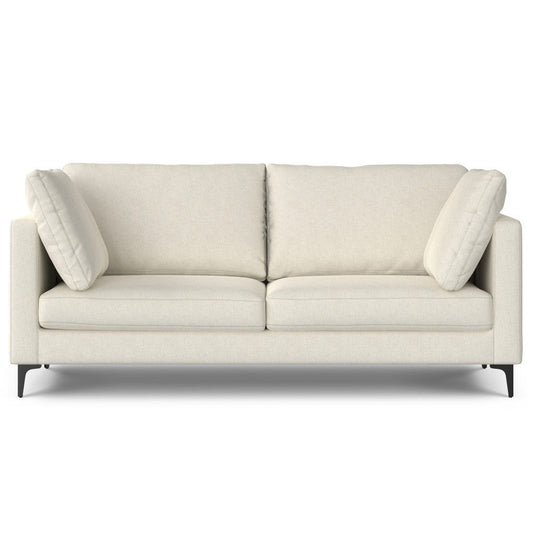The Ava Mid Century Sofa features off-white upholstery, two seat and back cushions, two matching side pillows, and short black legs, combining modern style with comfort against a plain background.