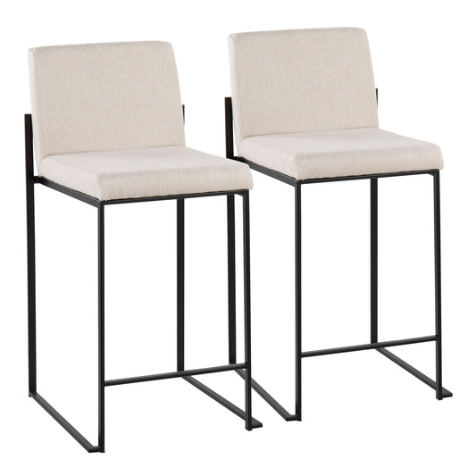 Two Fuji High Back Counter Stools with light beige cushioned seats and minimalist black metal frames and footrests, side by side against a white background.