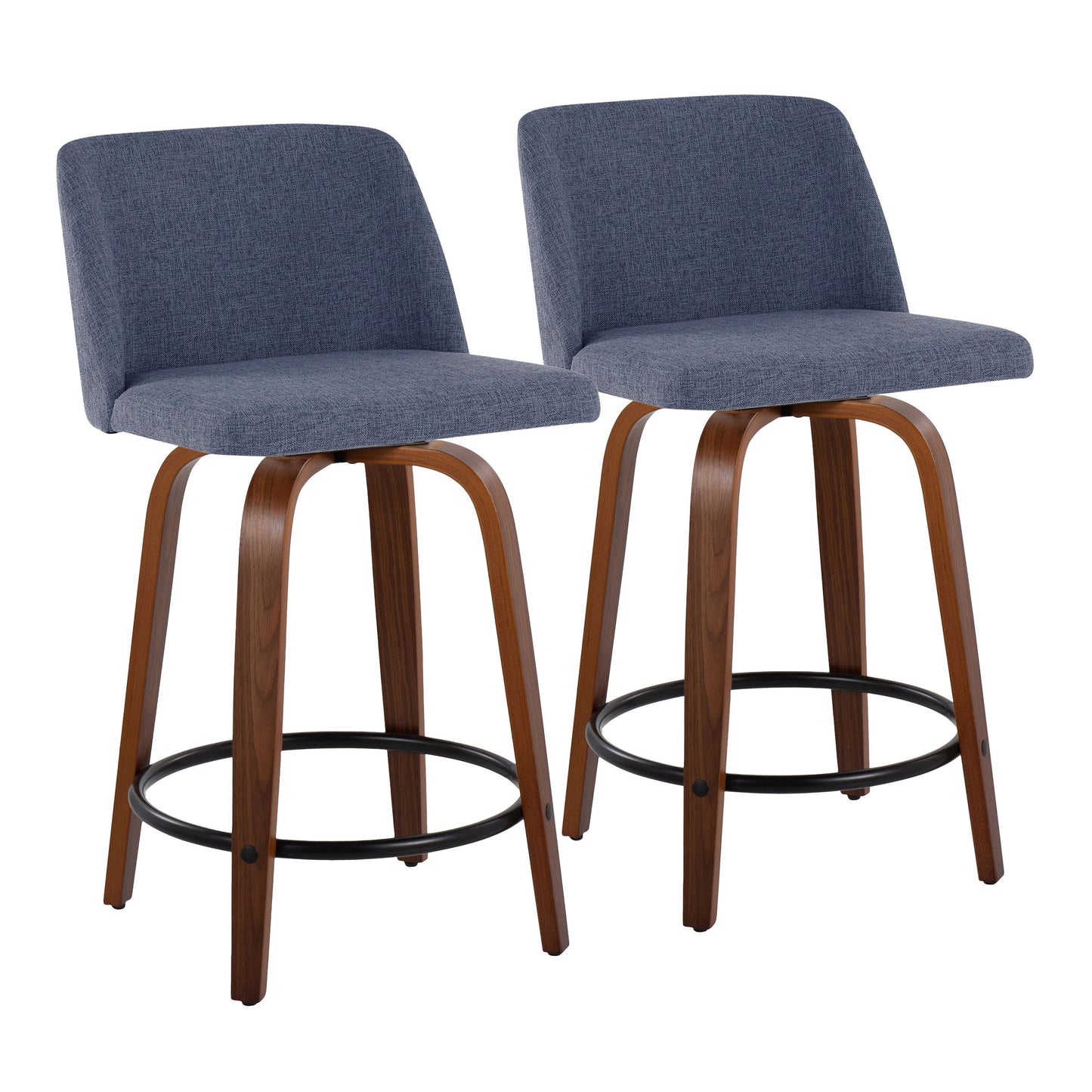 The Toriano set includes two mid-century modern counter stools with padded blue-gray fabric seats and backs, curved wooden legs, black metal round footrests, and a fixed height swivel design. Shown against a white background.