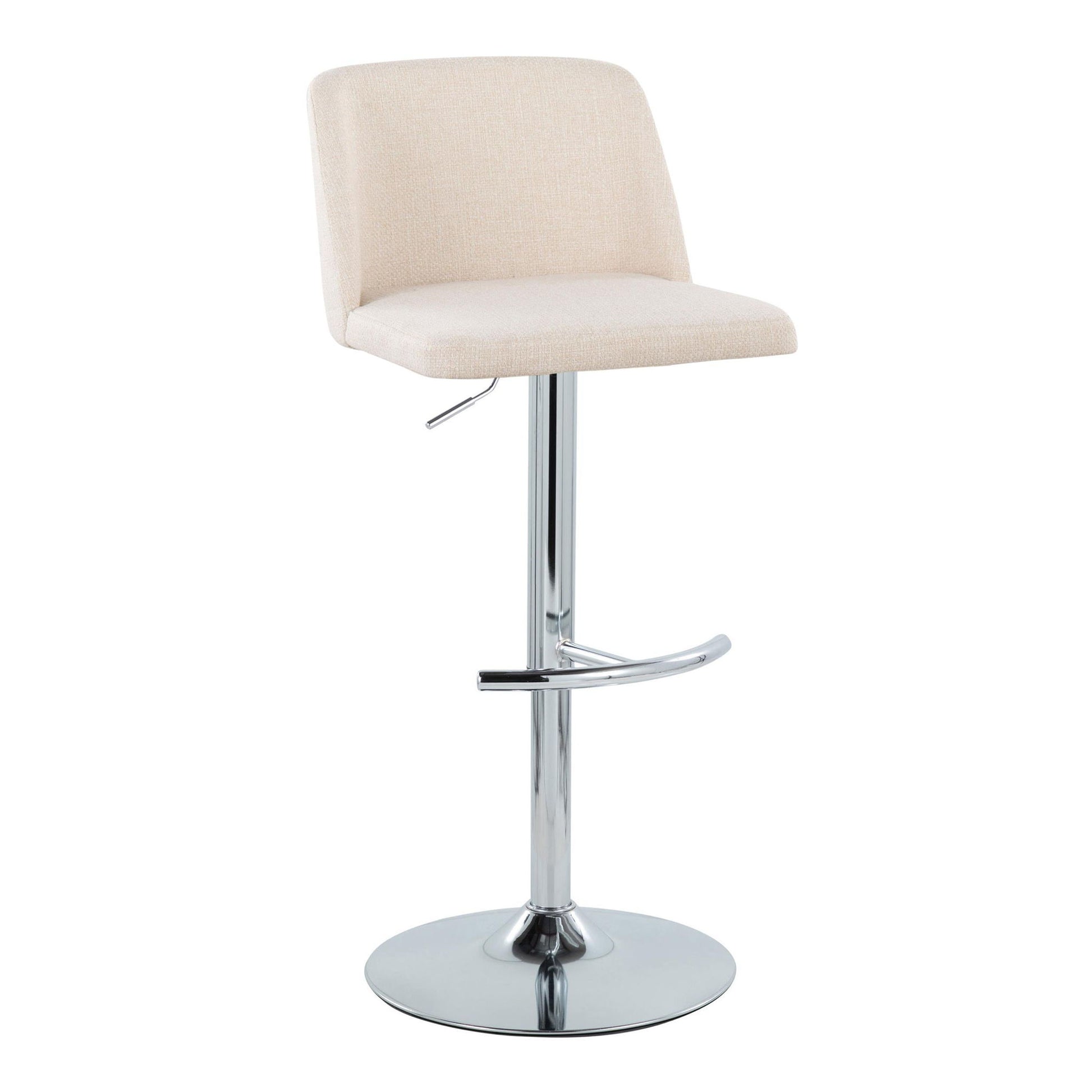 The Toriano Contemporary Adjustable Barstool (Set of 2) features swivel seats, beige upholstery, a square backrest, chrome base, and signature rounded T footrests for modern style.
