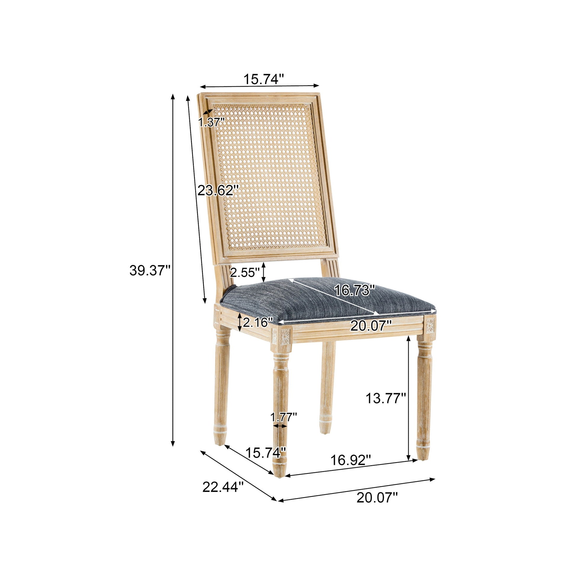 The French Country Dining Chair features a rectangular cane backrest, smooth upholstered seating, and carved legs. Dimensions labeled on the chair show its height, width, depth, and seat measurements in inches.