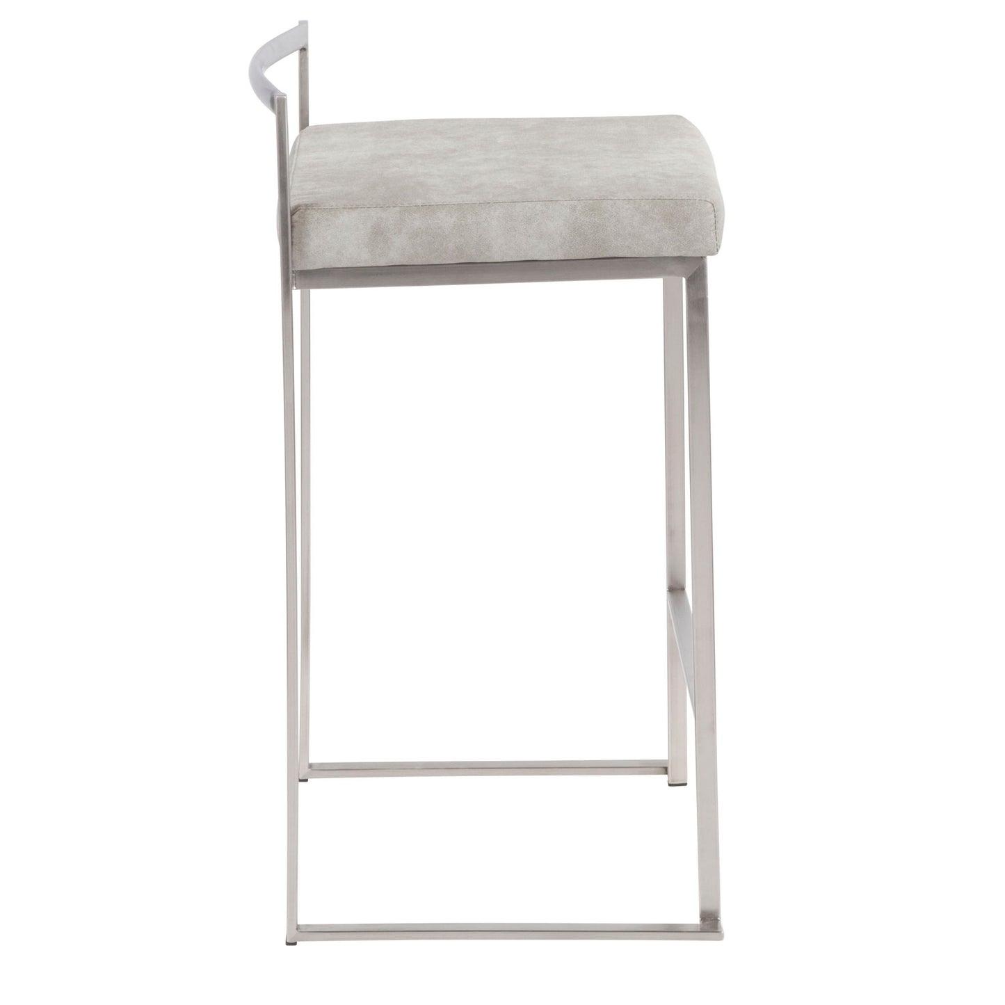 The Fuji - Contemporary Elegant Stackable Counter Stool Set features a modern design with a slim metal frame and a square, light gray cushioned seat, shown from the side on a white background.