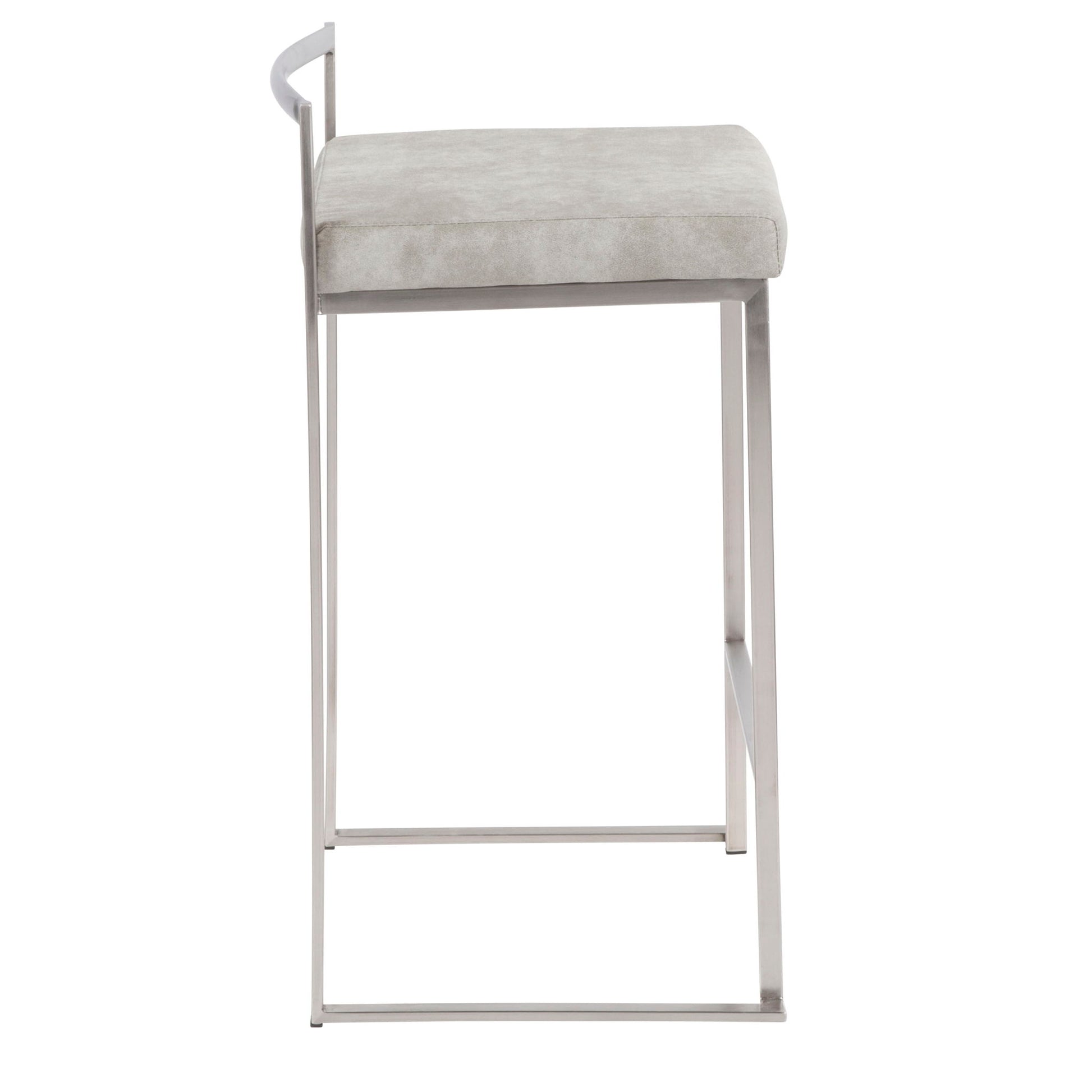 The Fuji - Contemporary Elegant Stackable Counter Stool Set features a modern design with a slim metal frame and a square, light gray cushioned seat, shown from the side on a white background.