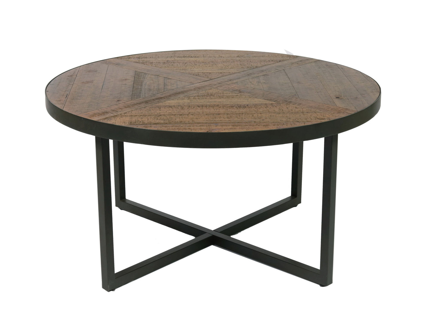 The Faro - Round Table features a round wooden top with a geometric pattern and sturdy black metal legs in an X-shaped base.