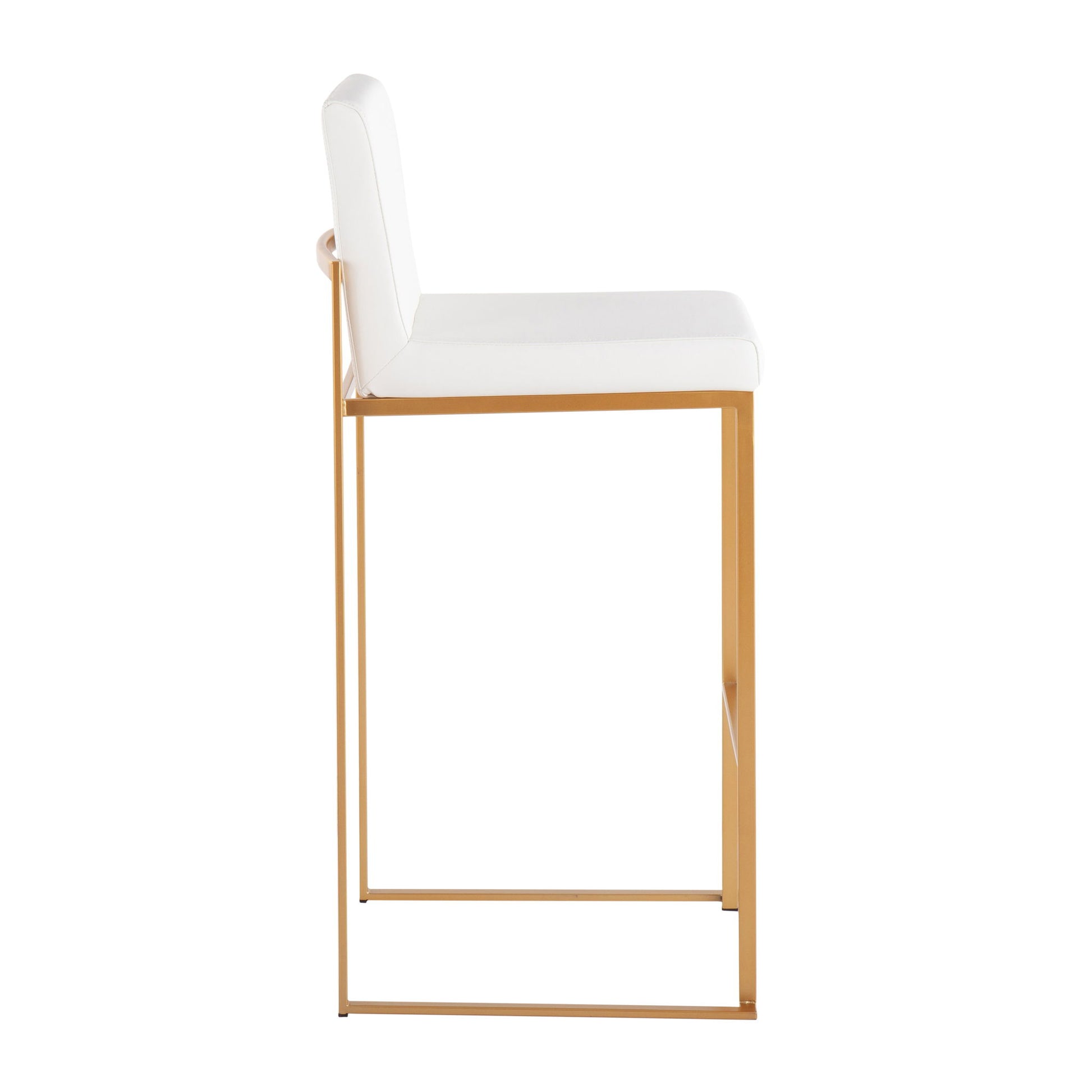 The Fuji - Contemporary Design High Back Barstool (Set of 2) features a white cushioned seat and backrest with a sleek gold metal frame, shown in profile against a white background.